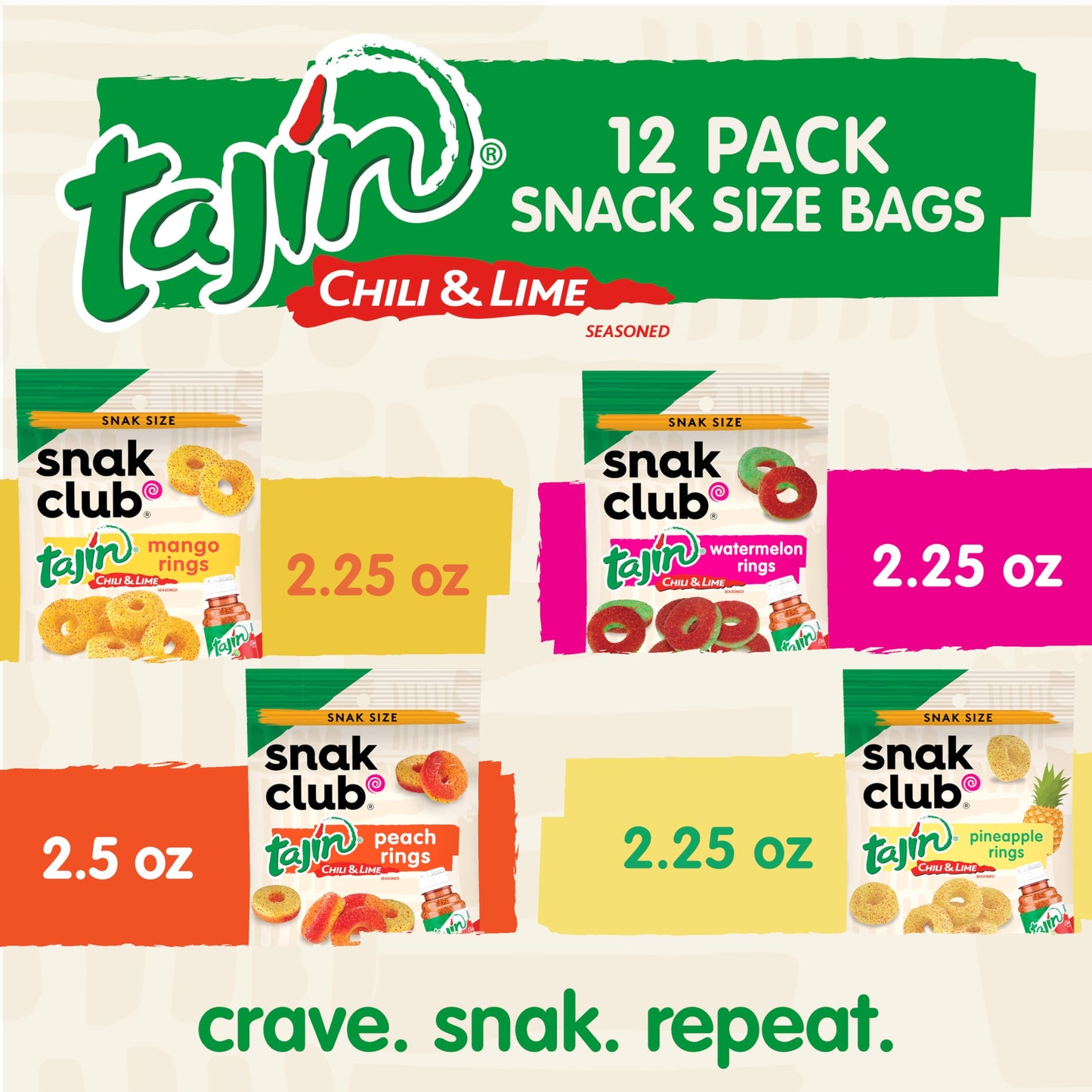 Snak Club Tajin Gummy Candy Fruit Rings, Gummies with Chili and Lime Seasoning, Mild Spice, Gluten-Free and Vegan Snacks, Assorted Variety, Mango