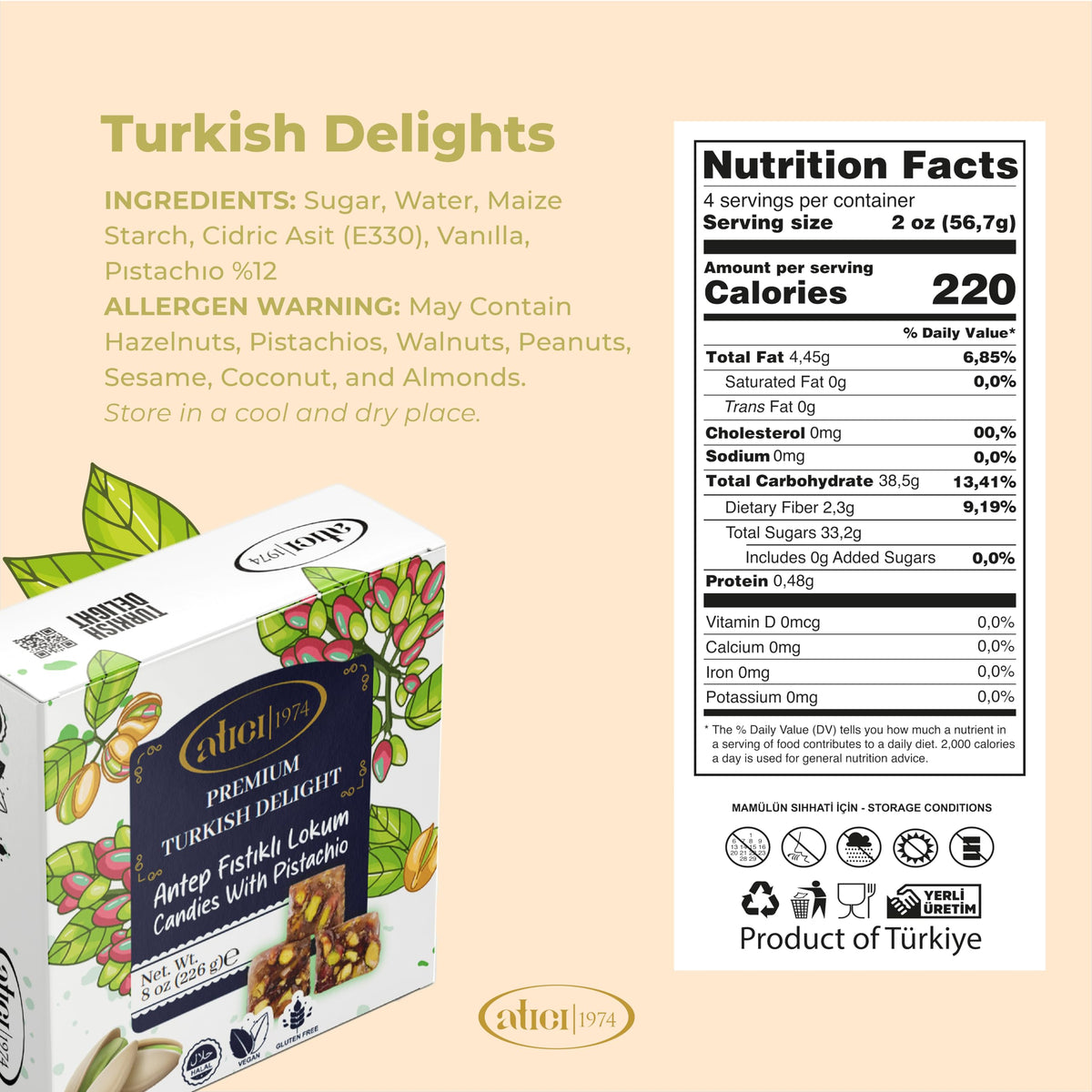 Atici Lokum Authentic Turkish Delight 8oz - Gourmet Vegan Sweets, Gluten-Free, Halal Soft Chewy Candy Gift Box | Traditional Premium Lokum Loukoumi