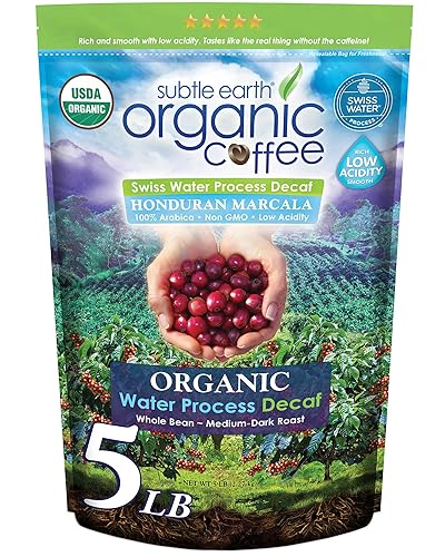 5LB Subtle Earth Organic Decaf - Swiss Water Process Decaf - Medium Dark Roast - Whole Bean Coffee - Low Acidity - Organic Certified by CCOF - 5 Pound