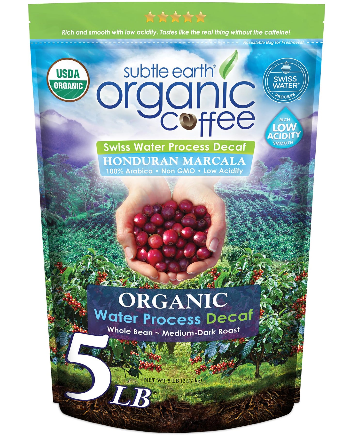 5LB Subtle Earth Organic Decaf - Swiss Water Process Decaf - Medium Dark Roast - Whole Bean Coffee - Low Acidity - Organic Certified by CCOF - 5 Pound