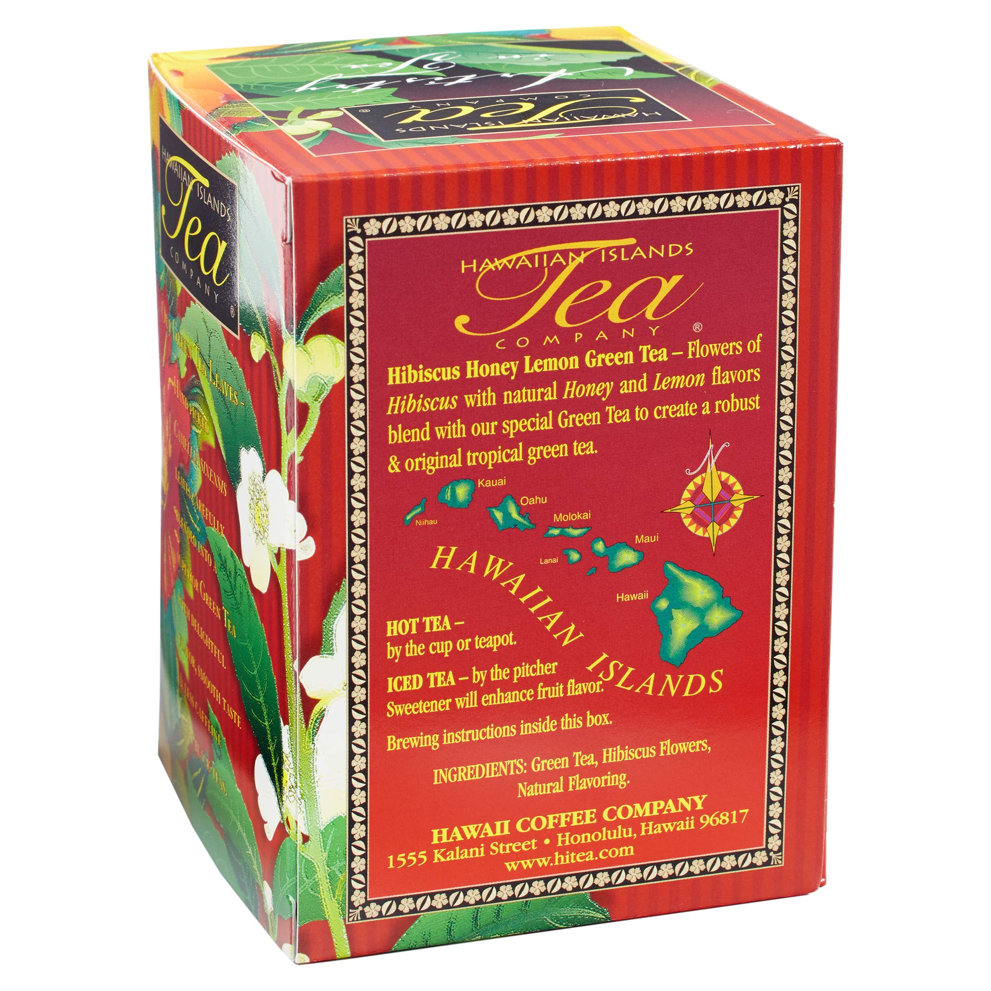 Hawaiian Islands Tea Company Hibiscus Honey Lemon Tropical Green Tea, All Natural - 20 Teabags (1 Box)