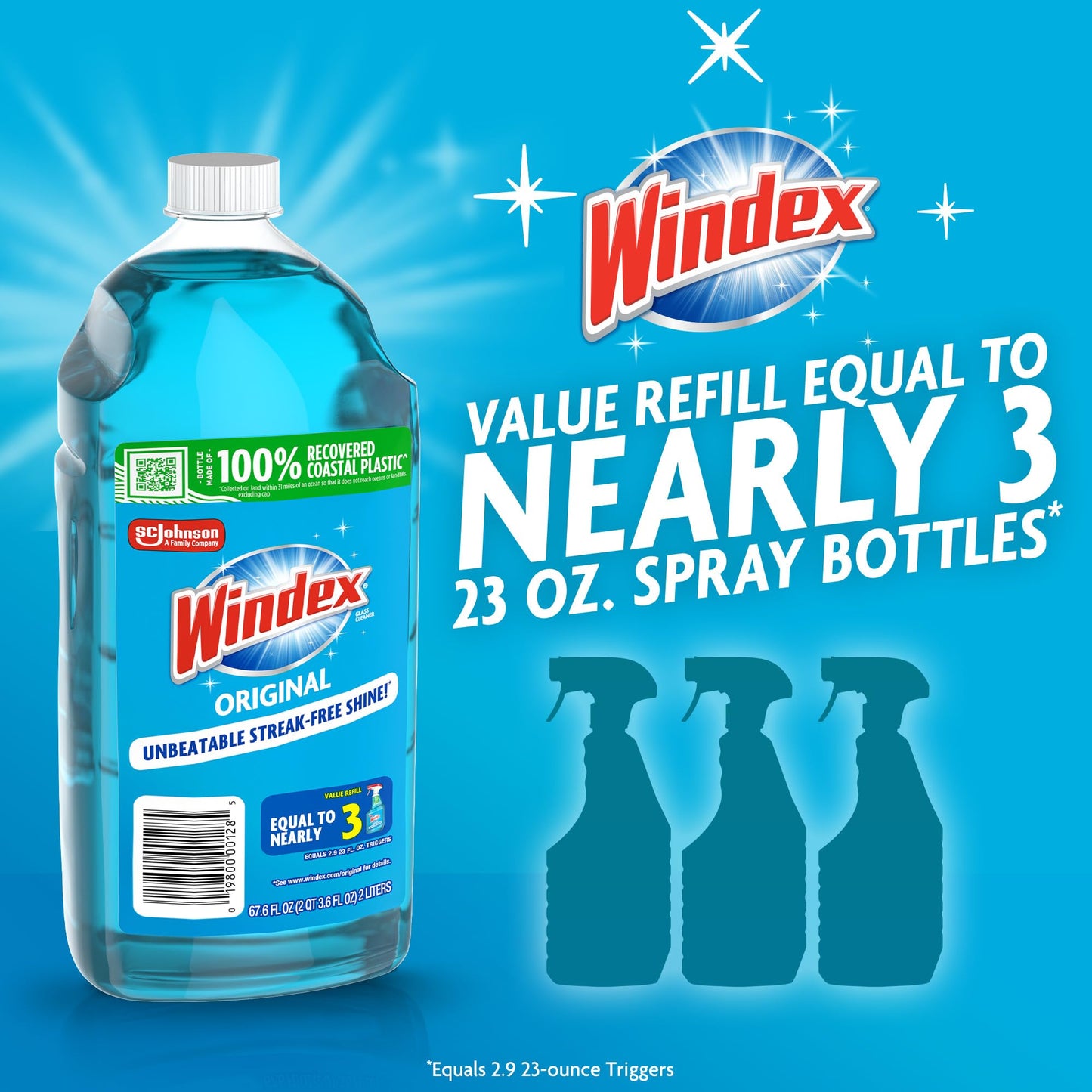 Windex Refill Glass and Window Cleaner Bottle, Bottle Made from 100% Recycled Plastic, Surface Cleaning Spray, Original Blue Scent, 2L (67.6 Fl Oz)