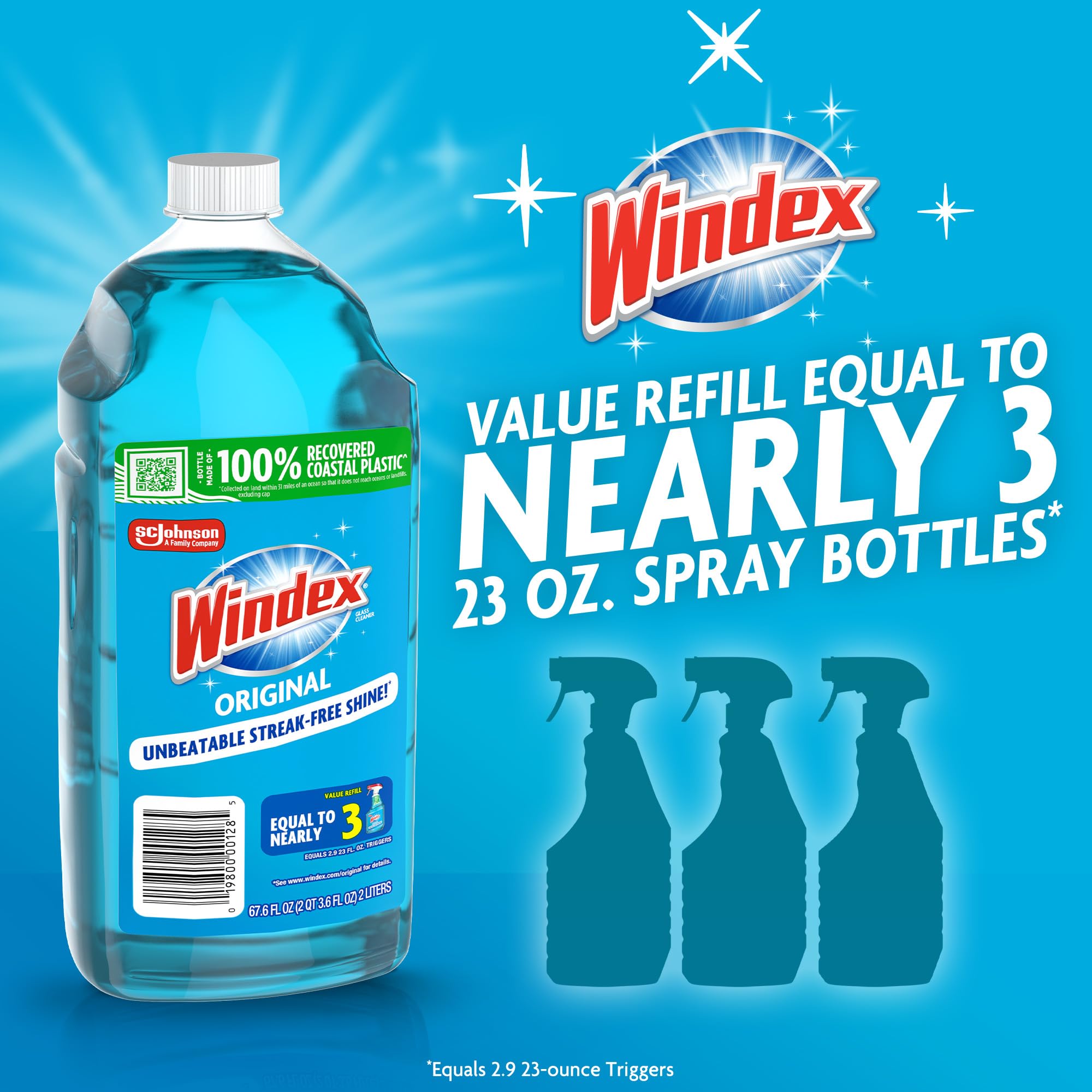 Windex Refill Glass and Window Cleaner Bottle, Bottle Made from 100% Recycled Plastic, Surface Cleaning Spray, Original Blue Scent, 2L (67.6 Fl Oz)