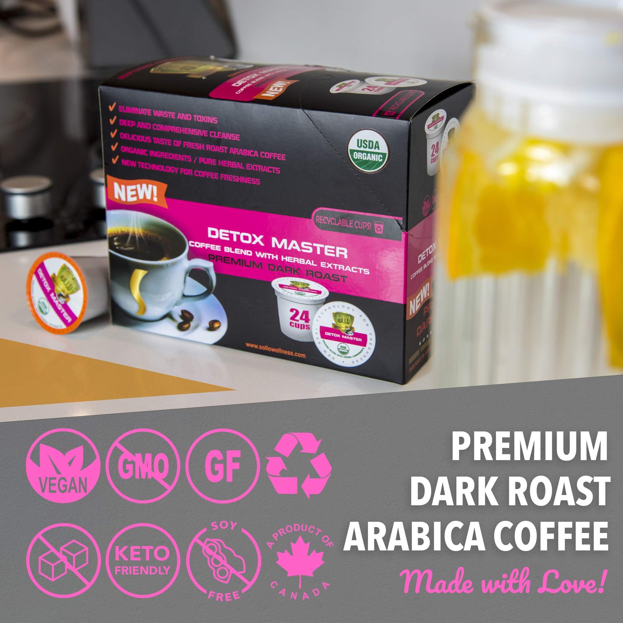 SOLLO Organic Detox Coffee Pods, Supports Diet & Metabolism with Herbal Extracts, Bold Dark Roast, Single Serve Pod, Compatible with Keurig K-Cup