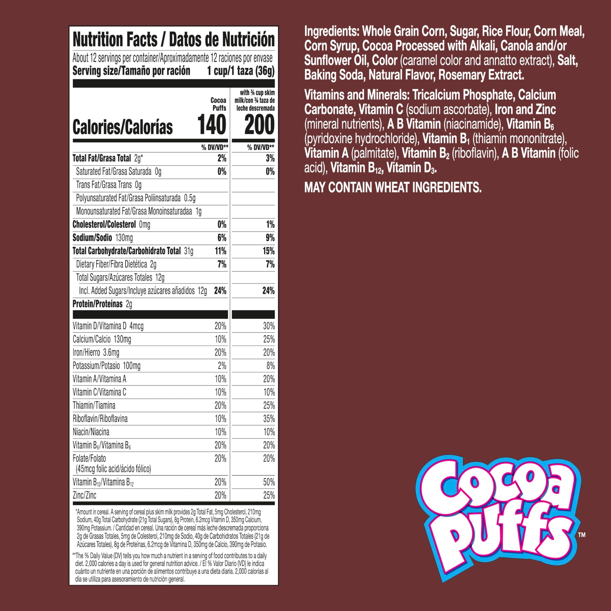 Cocoa Puffs, Chocolatey Breakfast Cereal, Made with Whole Grain, Large Size, 15.2 oz