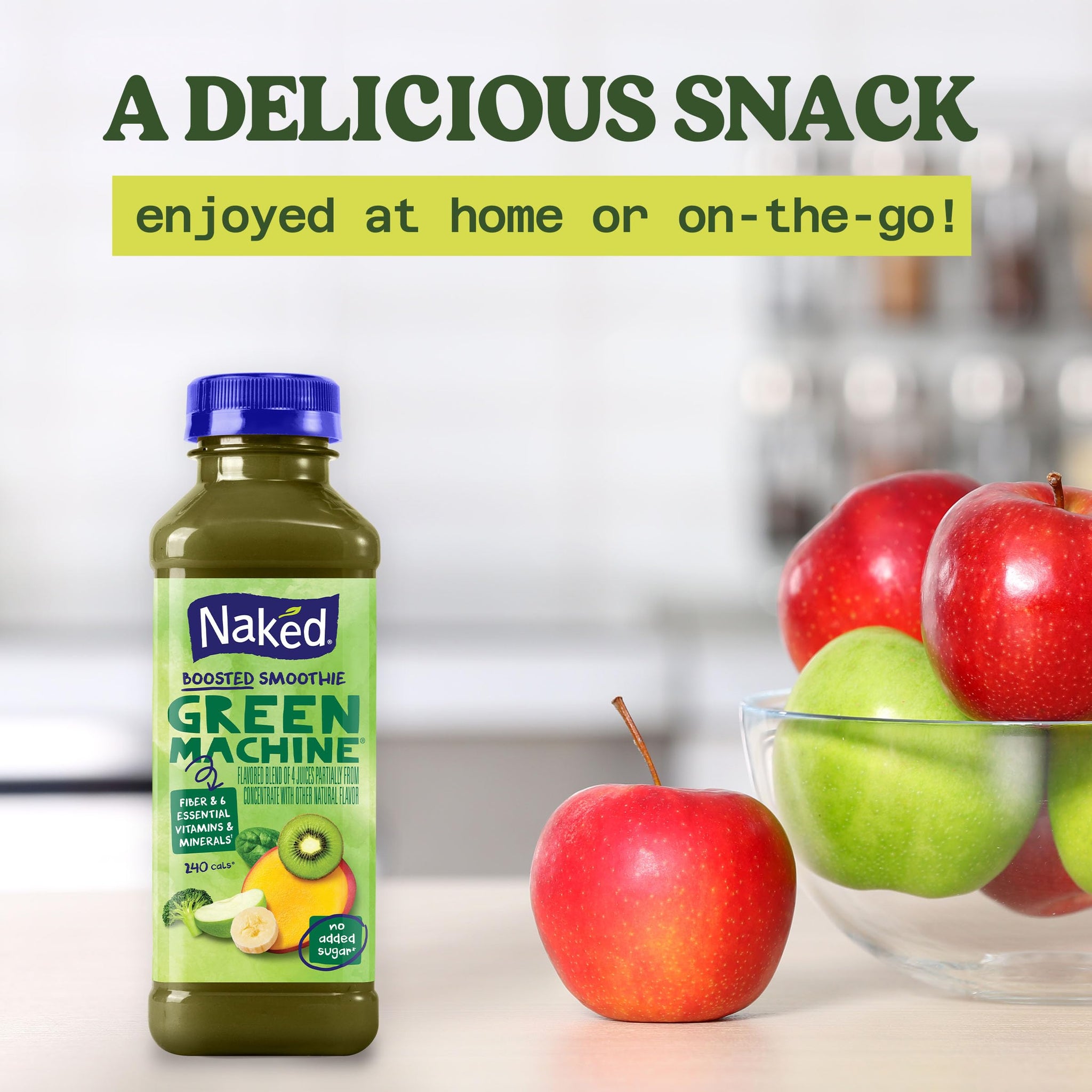 Naked Boosted Smoothie Green Machine, 15.2 fl oz Bottle - Real Fruit Juice Smoothie with Fiber, Excellent Source of Vitamin C and Vitamin E for Immune