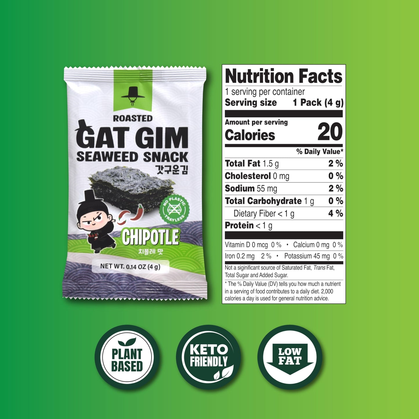 Jayone Roasted Gat Gim Seaweed Snack - Chipotle, Korean Nori Seaweed Snacks, Trayless 20 Pack, Keto Friendly, Plant Based, Low Fat, 20 x 0.14 oz