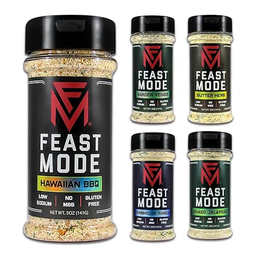 Feast Mode Flavors | Gainz Pack | 5 count | 5oz seasonings | Hawaiian BBQ | Garden Veggie | Butter Herb | Farmhouse Ranch | Asiago Jalapeno | meal