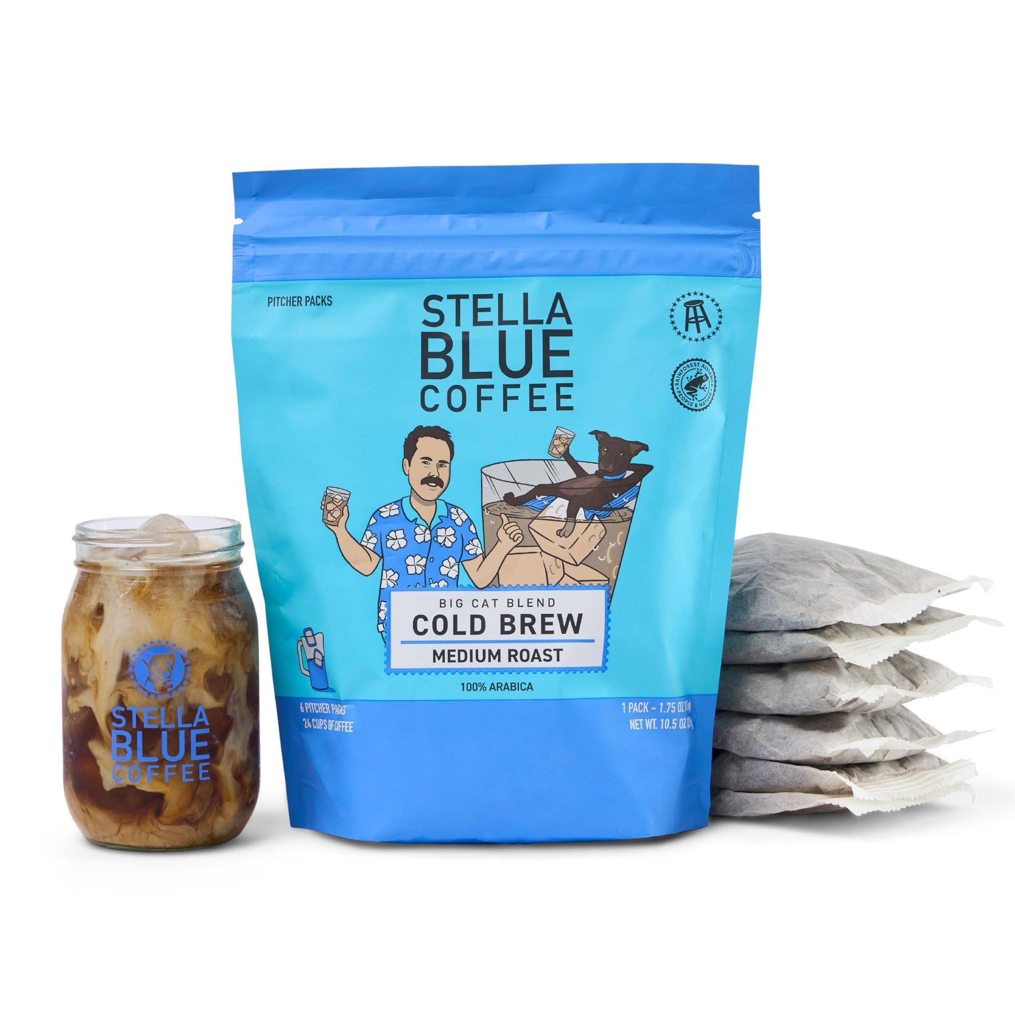 Stella Blue Cold Brew Coffee Bags, Big Cat Blend, Medium Roast Ground Coffee, Smooth, Bold and Refreshing 100% Arabica, 6 Brew Packets, Makes 24 Cups