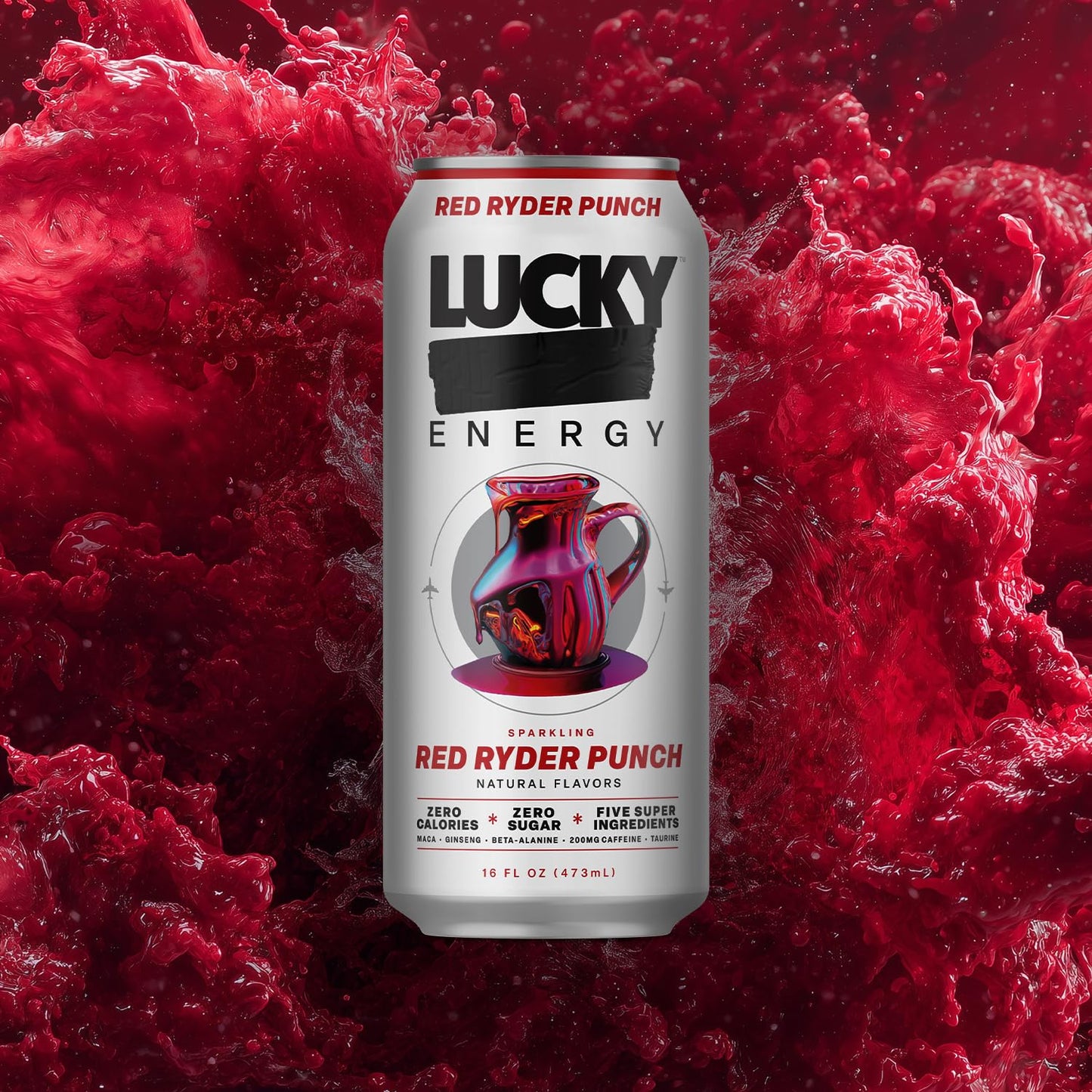 Lucky Energy Sugar Free Energy Drinks, Red Ryder Punch, 16oz Cans (12-Pack) Healthy, Zero Sugar Energy Drink with Maca, Ginseng, Beta-Alanine, Taurine