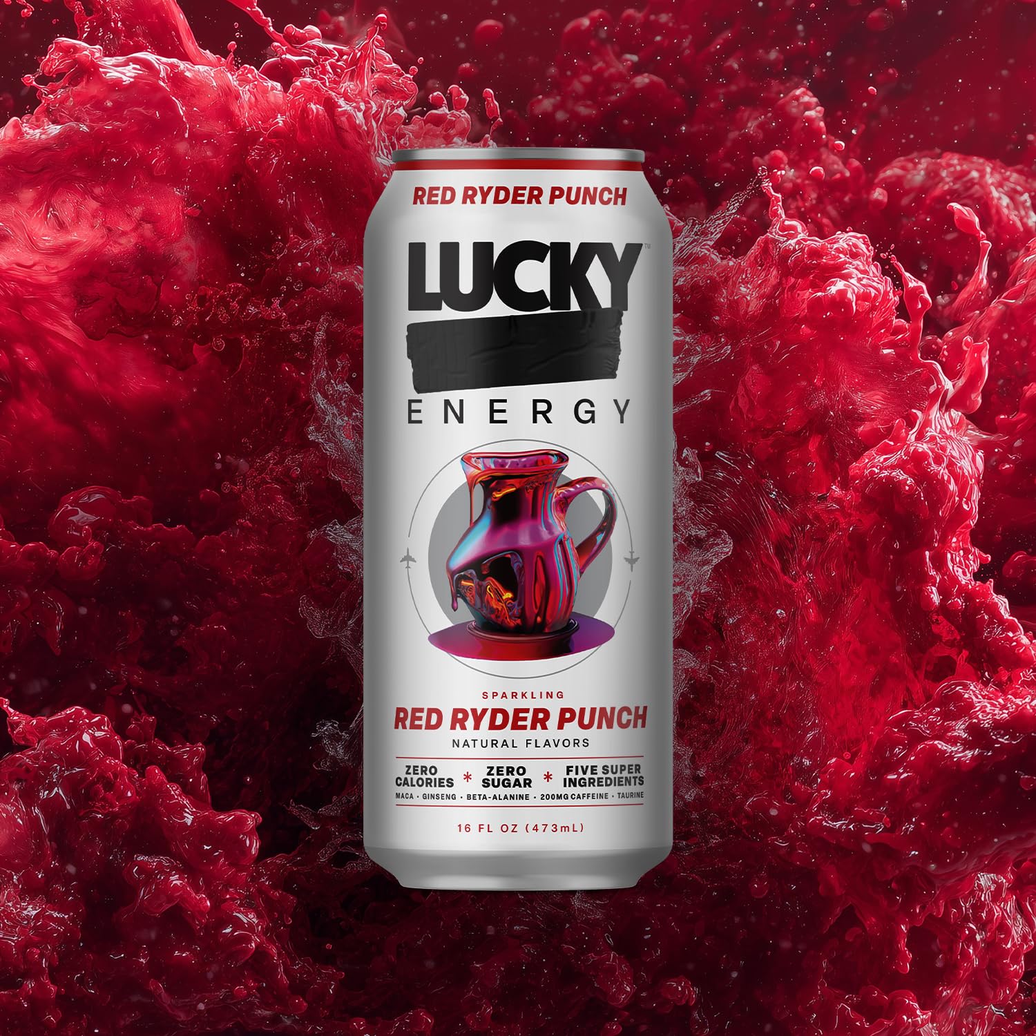 Lucky Energy Sugar Free Energy Drinks, Red Ryder Punch, 16oz Cans (12-Pack) Healthy, Zero Sugar Energy Drink with Maca, Ginseng, Beta-Alanine, Taurine