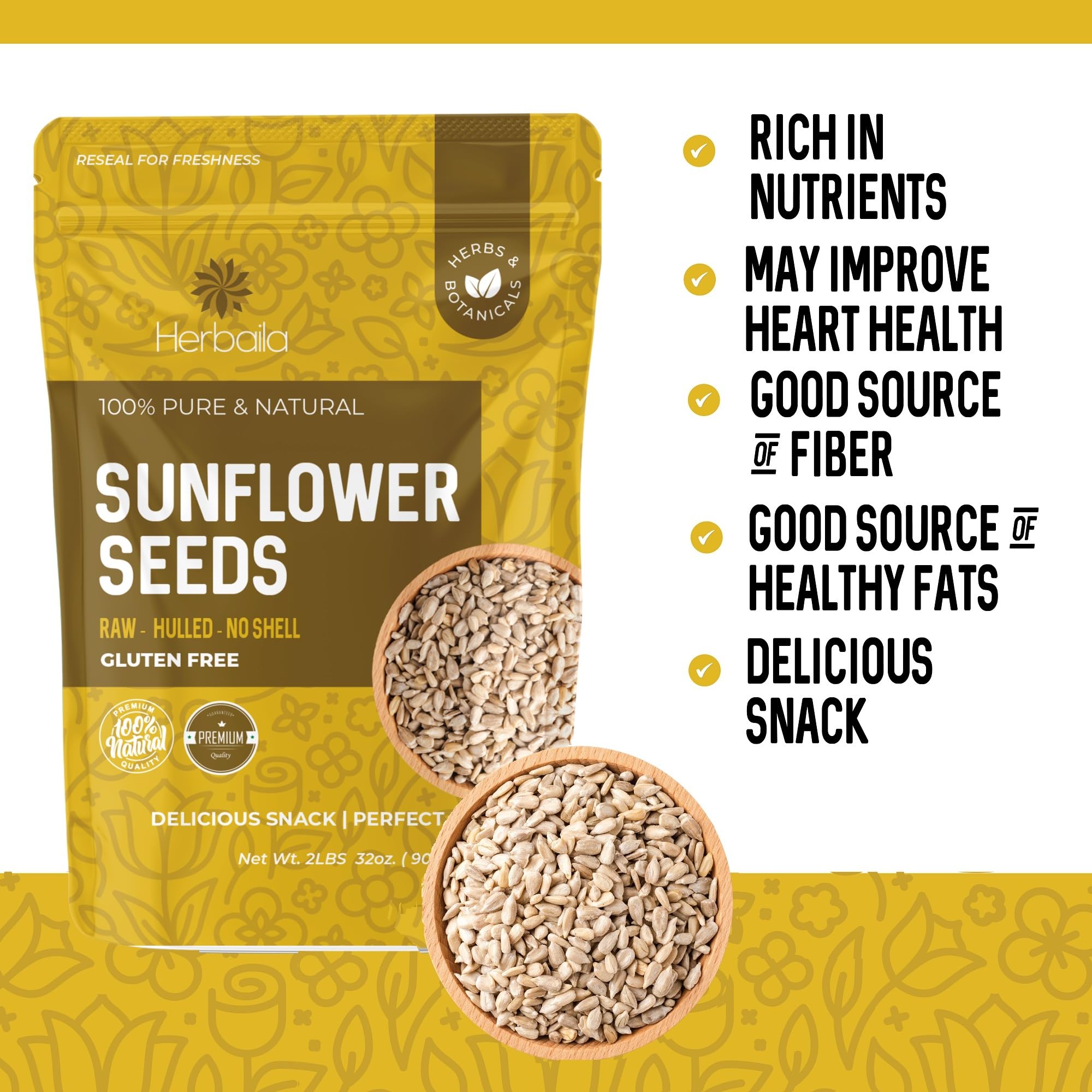Sunflower Seeds Raw 2lbs - Unsalted Sunflower Seeds to Eat - Shelled Sunflower Seeds Bulk - Sun Flower Seeds for Eating - Sunflower Kernels - Raw