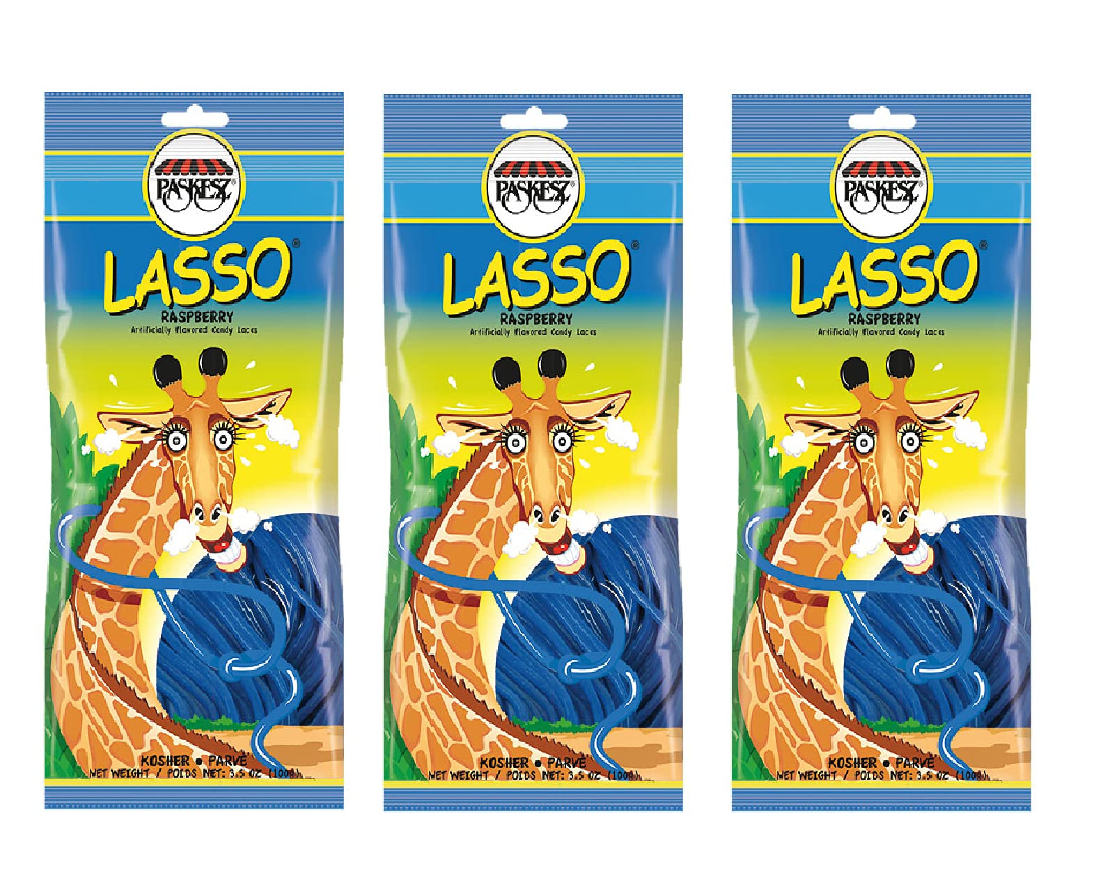 Paskesz Lasso Intensely Flavored Blue Raspberry Laces 3.5 Oz. (Pack of 3)
