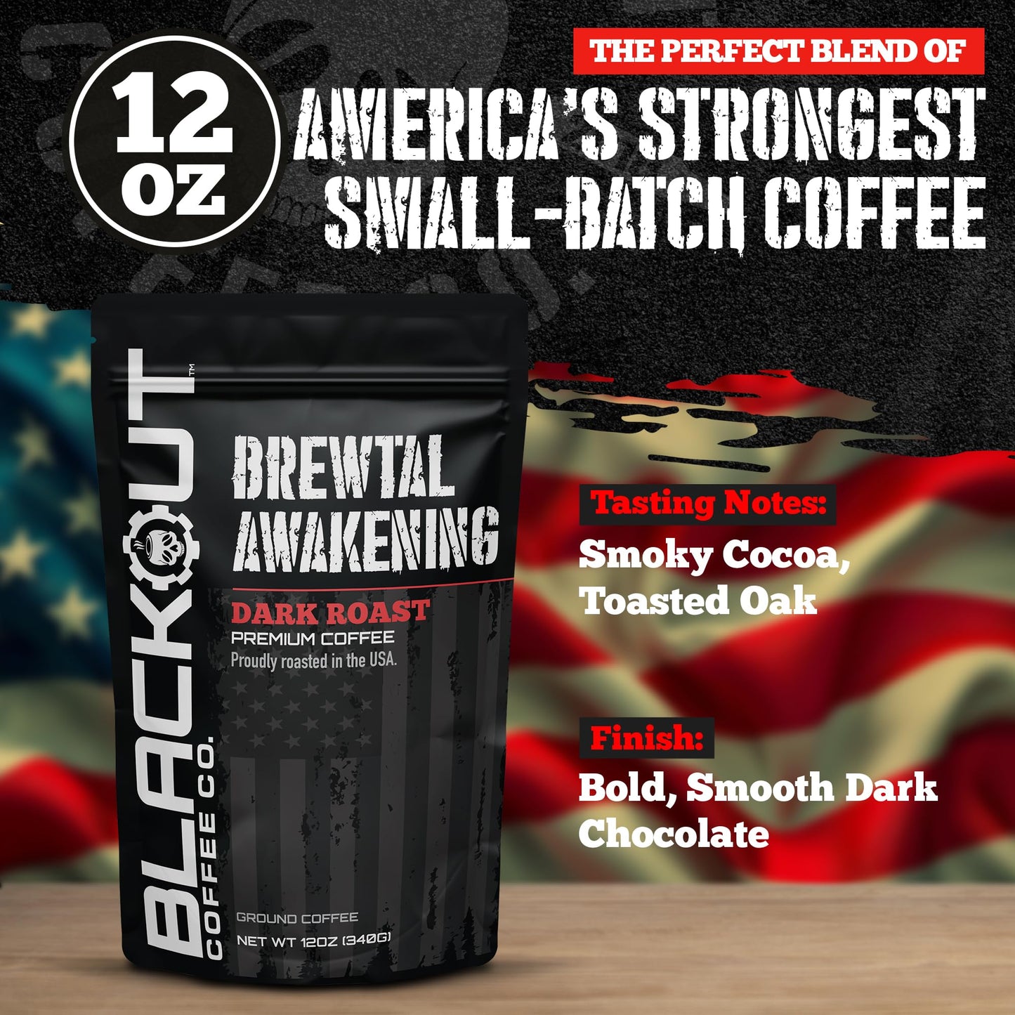 Blackout Coffee Brewtal Awakening Ground Coffee - Dark Roast, Bold Flavor - Freshly Roasted 12oz Bag