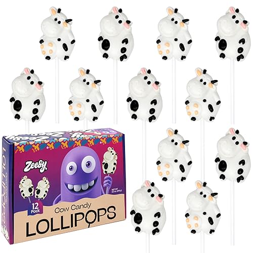 Zeesy Cow Candy Lollipops - 12 Individually Wrapped Cow Party Suckers - Farm Animal Party Favors fo Cow Birthday, Farm Birthday Party