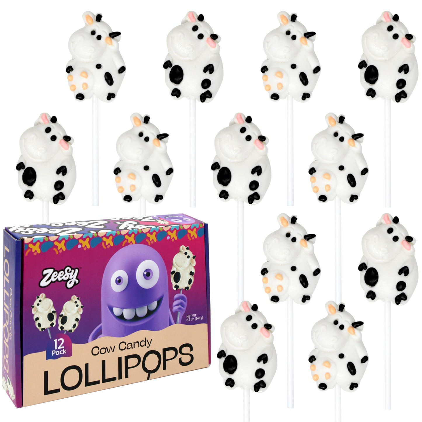 Zeesy Cow Candy Lollipops - 12 Individually Wrapped Cow Party Suckers - Farm Animal Party Favors fo Cow Birthday, Farm Birthday Party