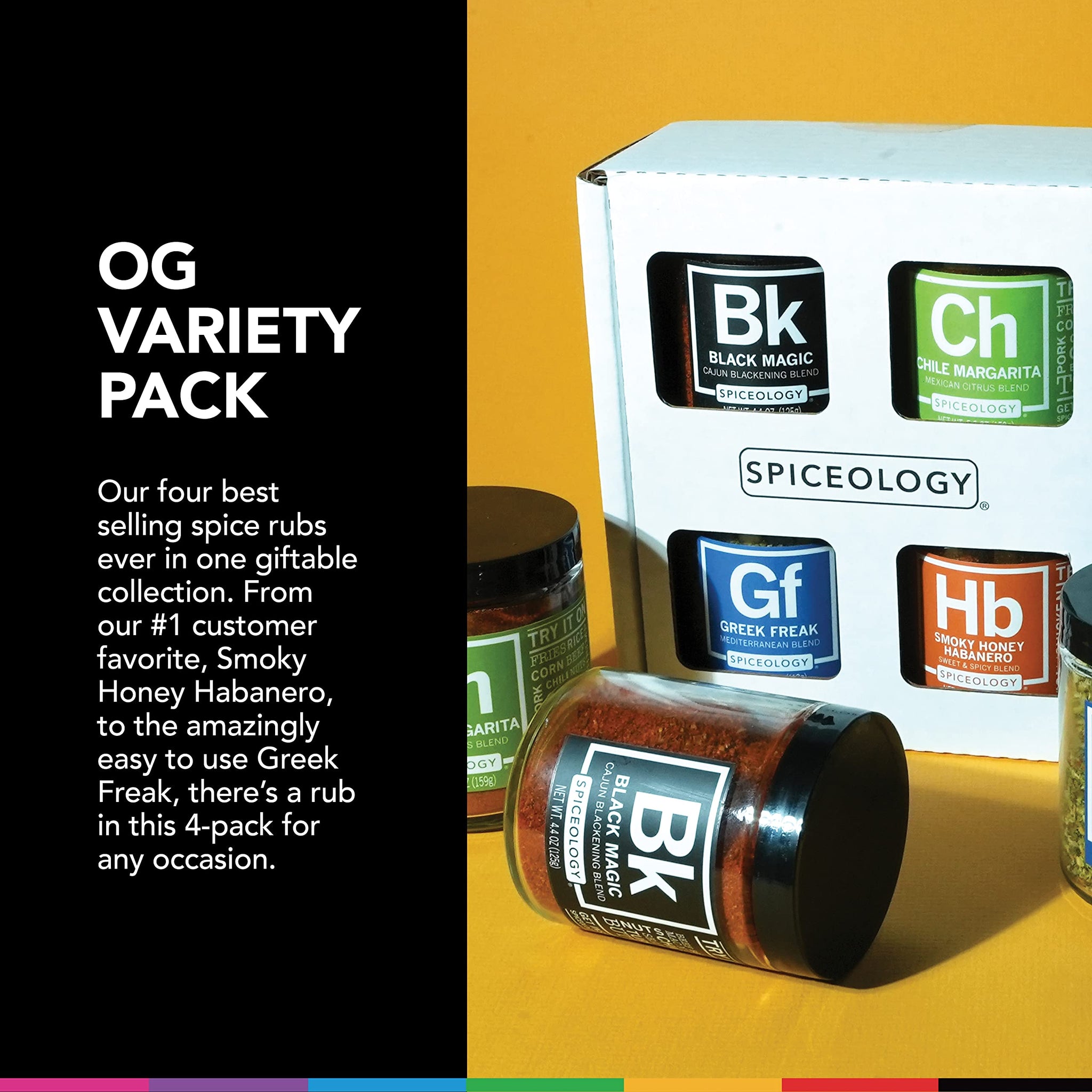 Spiceology - 4-Pack Signature Series - Smoky Honey Habanero, Chile Margarita, Greek Freak, and Black Magic - Grilling Spices - BBQ Rubs Gift Sets