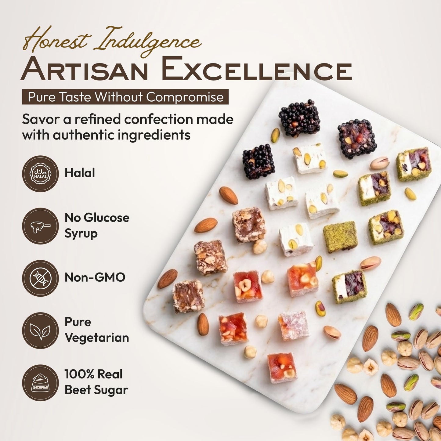 Mughe Gourmet Sultan Turkish Delight Gift Box, 650g (1.44lb) - Authentic Pistachio, Orange, Hazelnut and Almond Lokum - Vegan, Halal Mediterranean