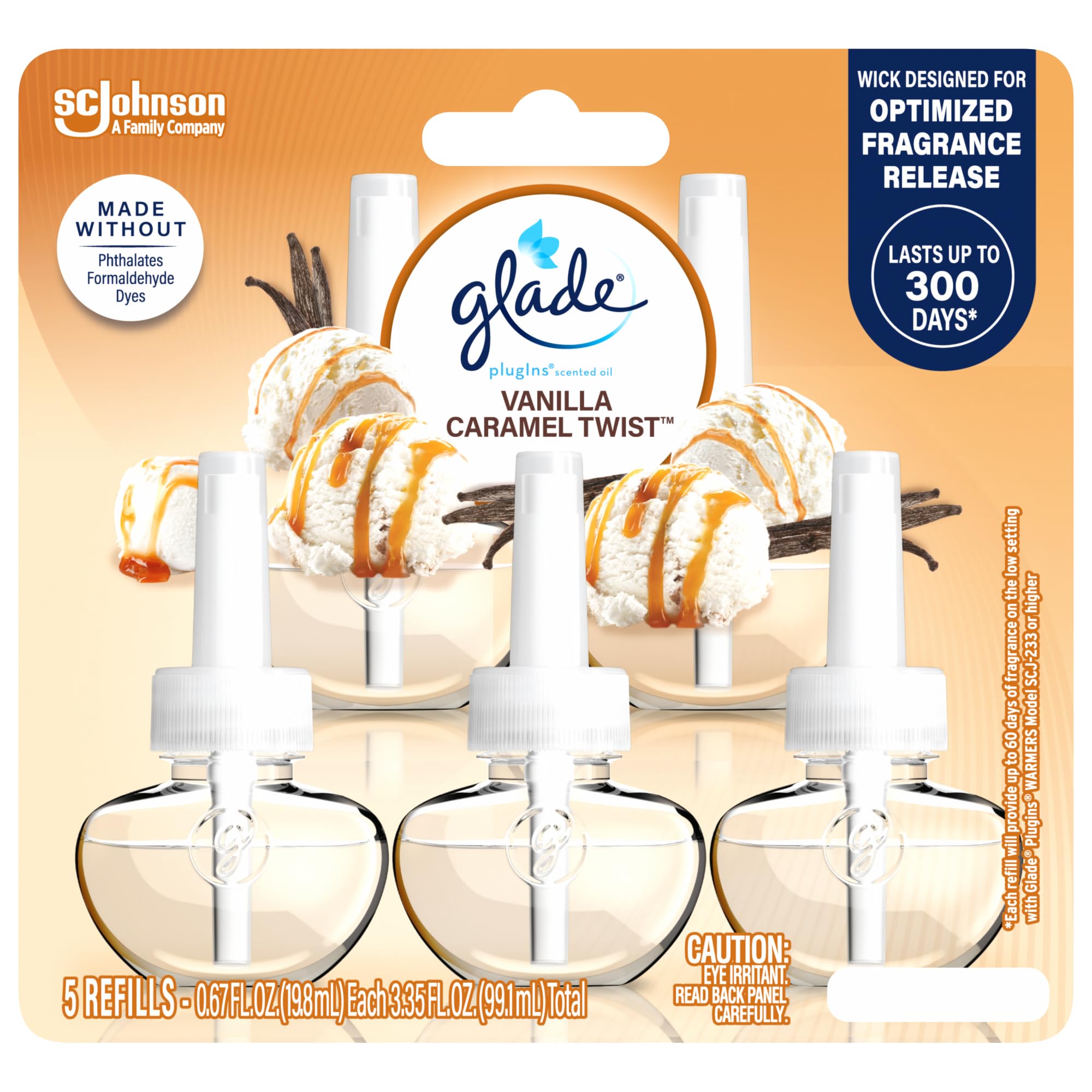 Glade PlugIns Refills Air Freshener, Scented and Essential Oils for Home and Bathroom, Vanilla Caramel Twist, 3.35 Fl Oz, 5 Count
