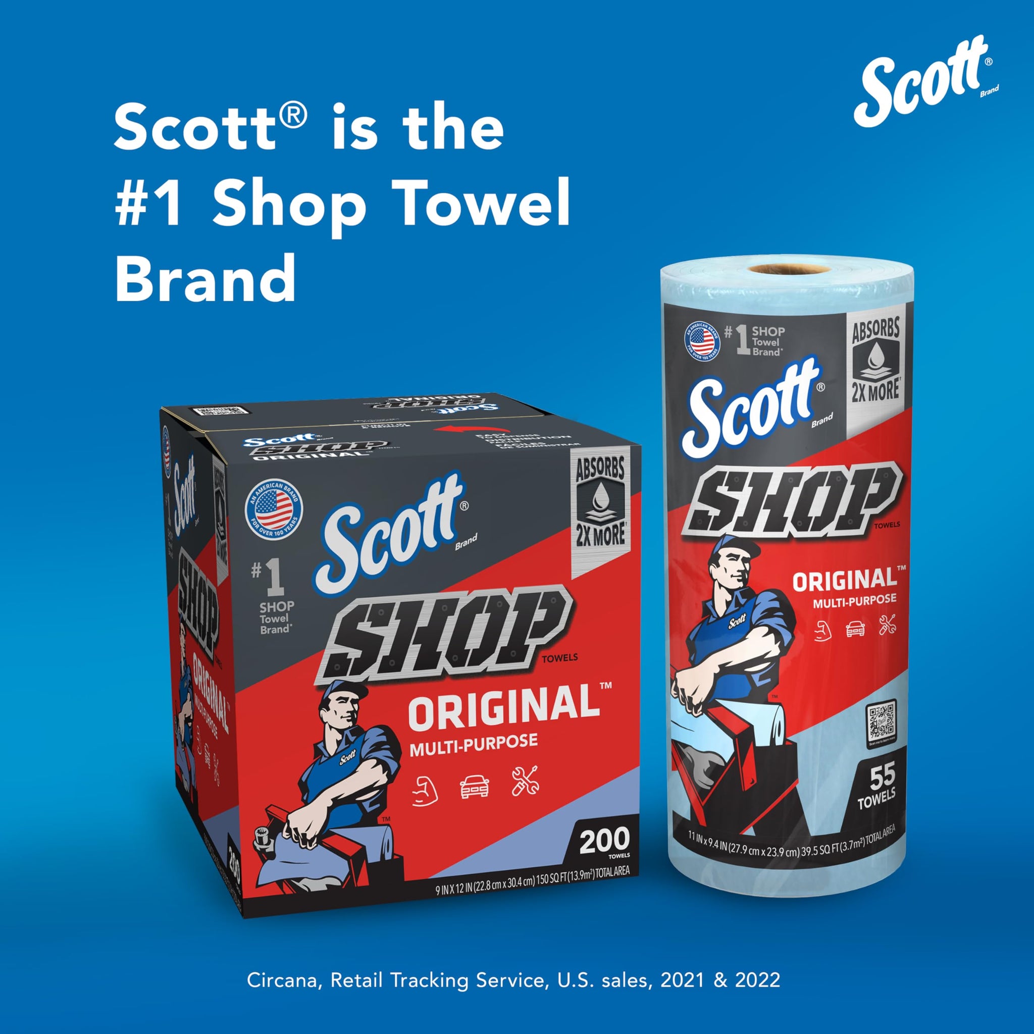 Scott® Shop Towels Original™ (58145), Blue Shop Towels, 1 Pack of 3 Big Rolls, Large 11"x9.4" Towel, (60 Sheet/Roll, 180 Sheet Total)