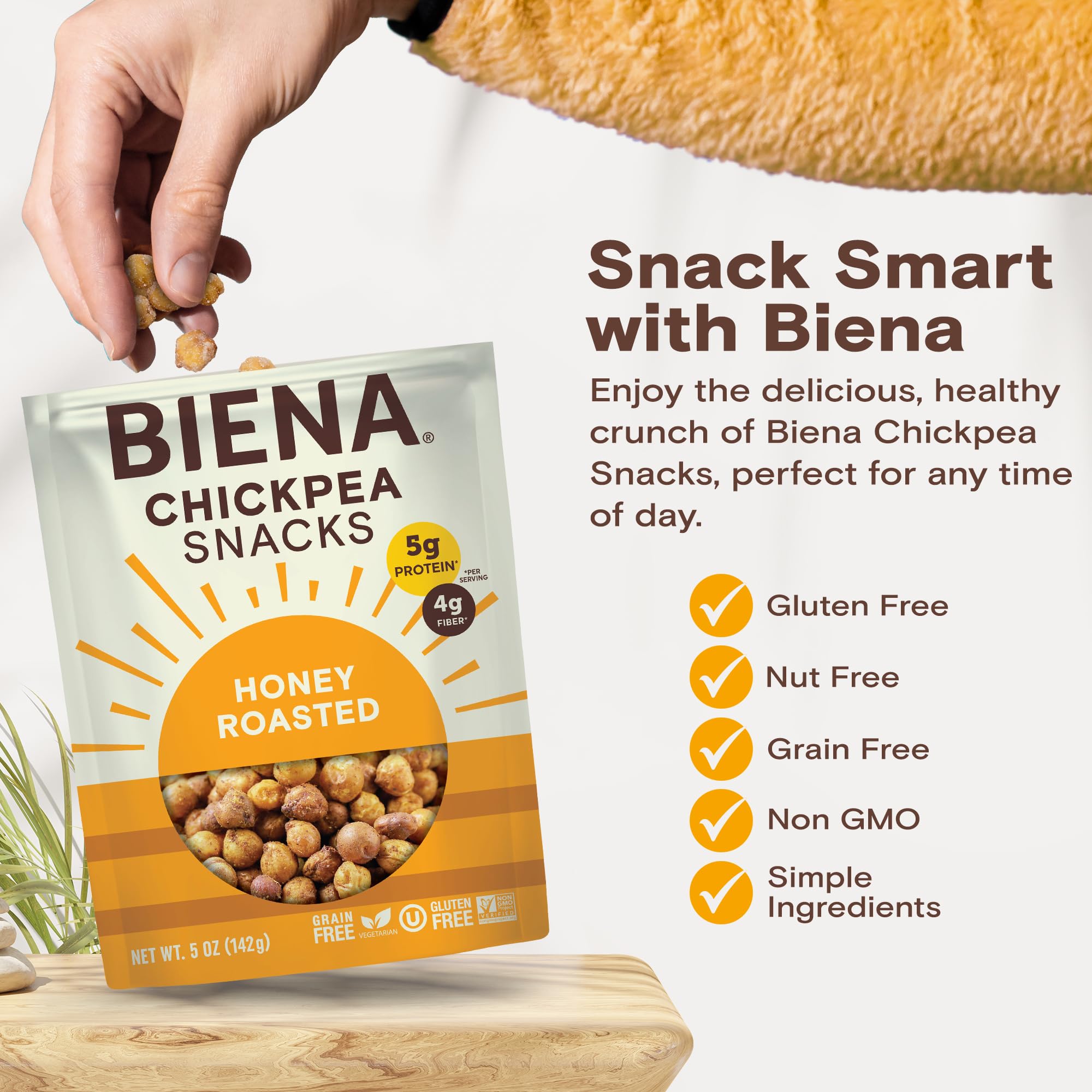 BIENA Chickpea Snacks - Crunchy Roasted Chickpeas - High Fiber Protein Snacks for Adults and Kids - 8-Pack, 5 Ounce Bags - Honey Roasted