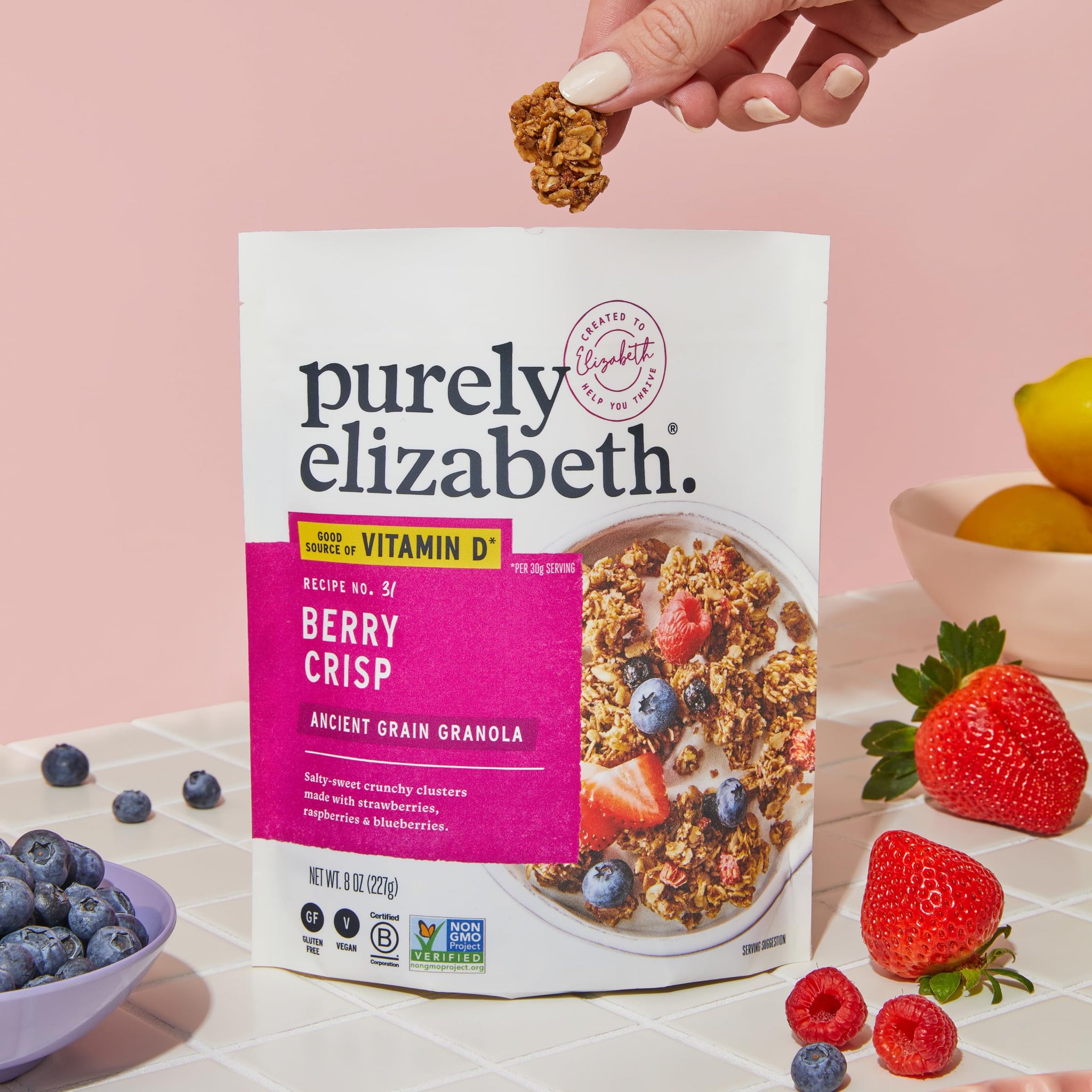 Purely Elizabeth Berry Crisp Granola wit Vitamin D, Made with Organic Oats and Ancient Grains, Gluten-Free, Non-GMO (3 Ct, 8oz Bags)