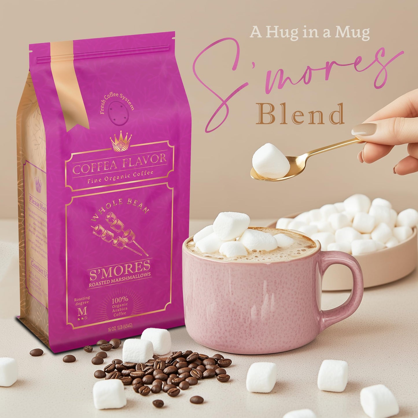 S'mores Flavored Whole Bean Coffee - 100% Arabica, Single Origin, Medium Roast, Naturally Sweetened, Rich and Creamy Flavor - Perfect for Cold Brew