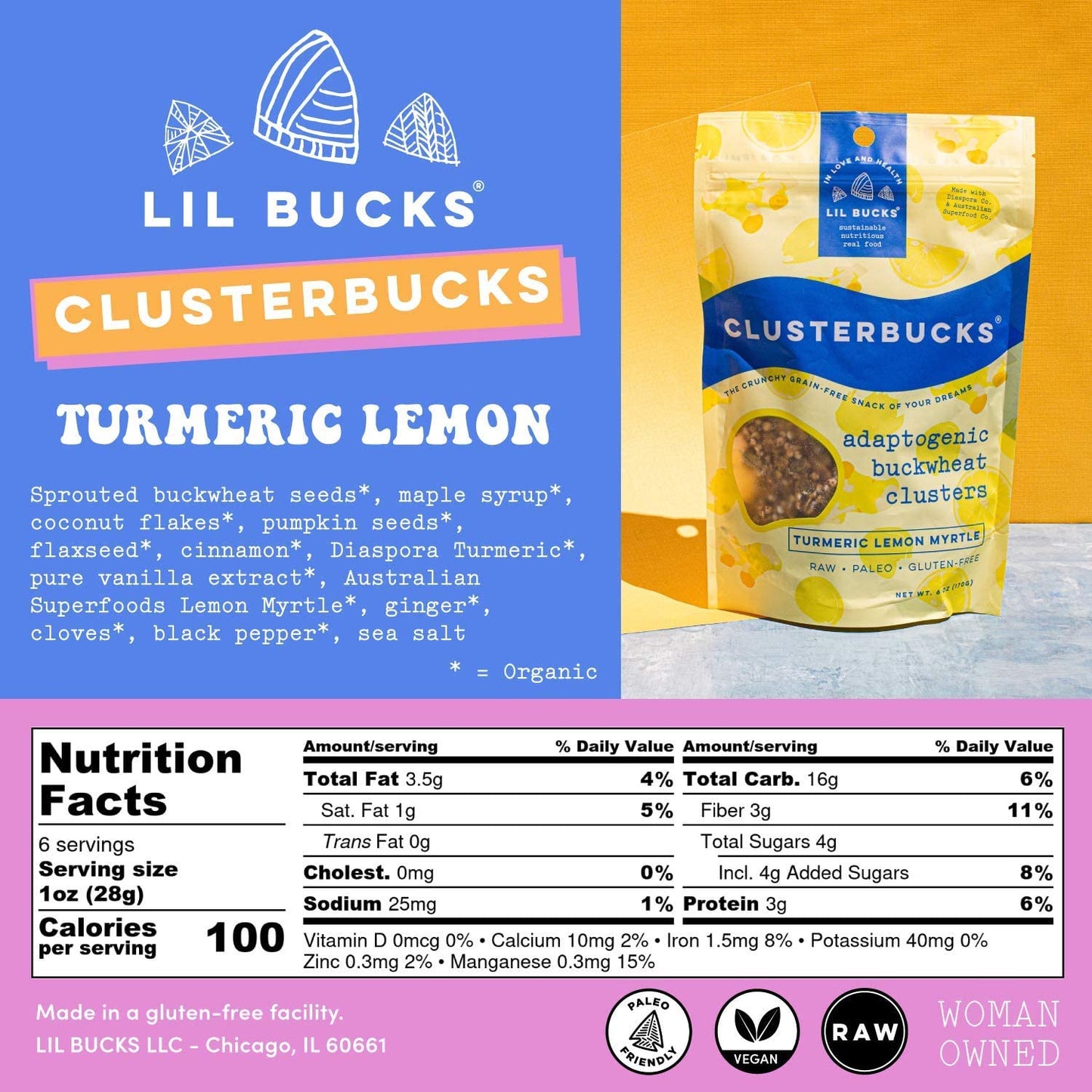Lil Bucks Clusterbucks Grain-Free Superfood Clusters made with Sprouted Buckwheat and Adaptogens, Gluten Free Snack (Golden Chai w Lemon, 6 Pack)