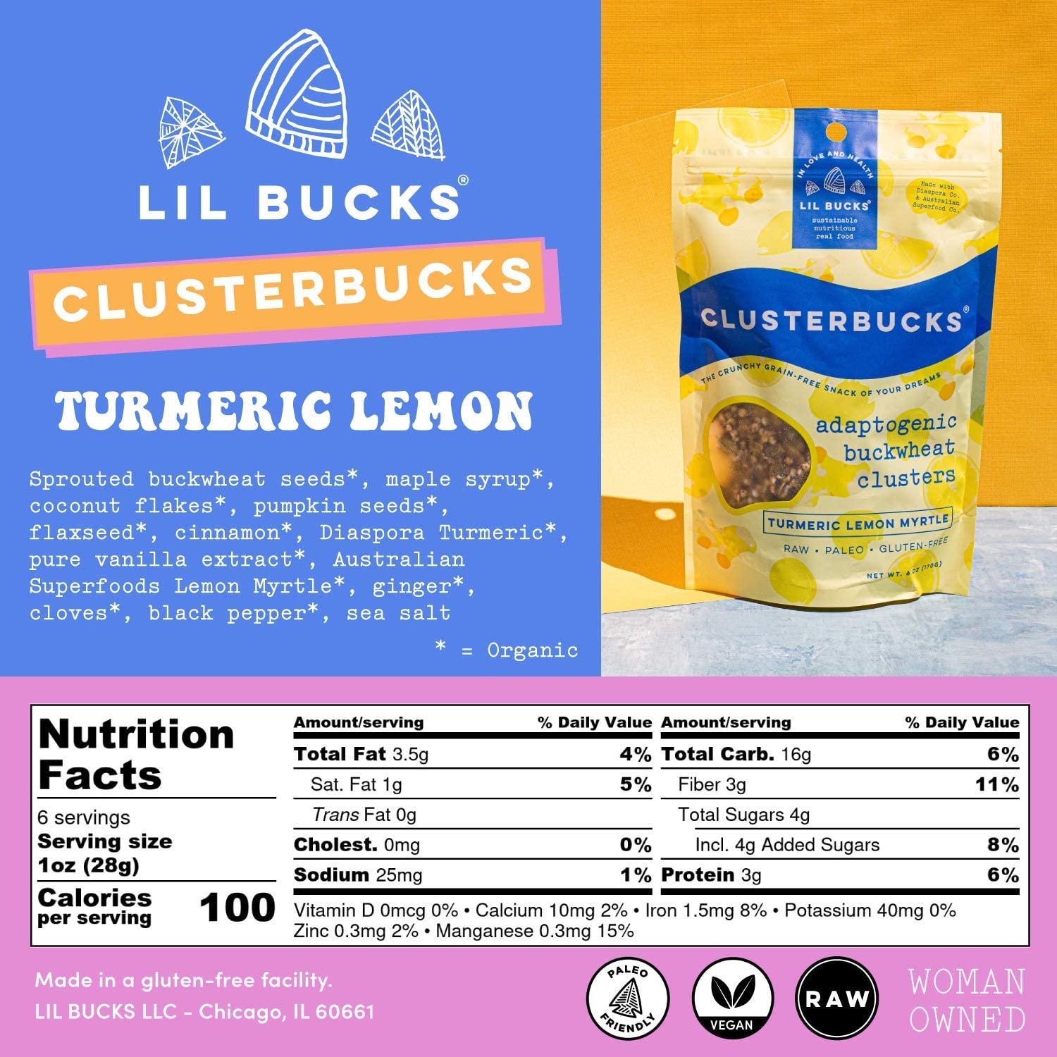 Lil Bucks Clusterbucks Grain-Free Superfood Clusters made with Sprouted Buckwheat and Adaptogens, Gluten Free Snack (Golden Chai w Lemon, 6 Pack)