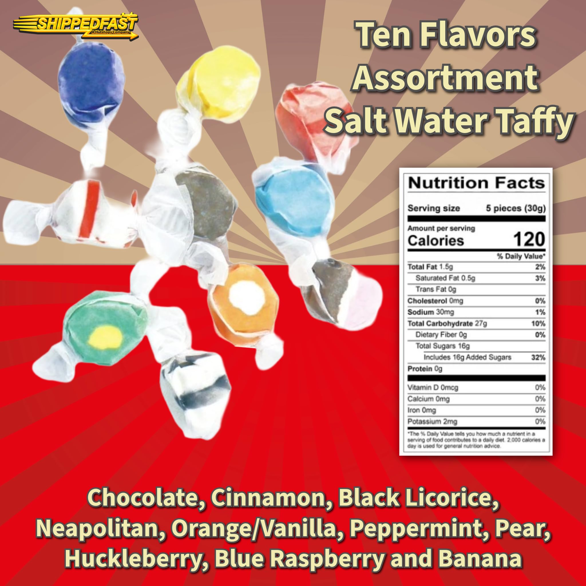 Ten Flavors Assortment, Salt Water Taffy 1 Pound Bag. Classic Boardwalk Style Taffy. (Net Wt. 16oz)