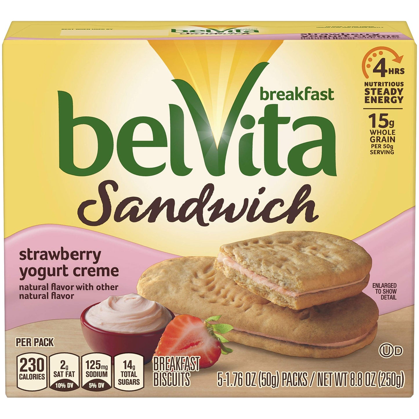 belVita Sandwich Strawberry Yogurt Creme Breakfast Biscuits, 5 Packs (2 Sandwiches Per Pack)
