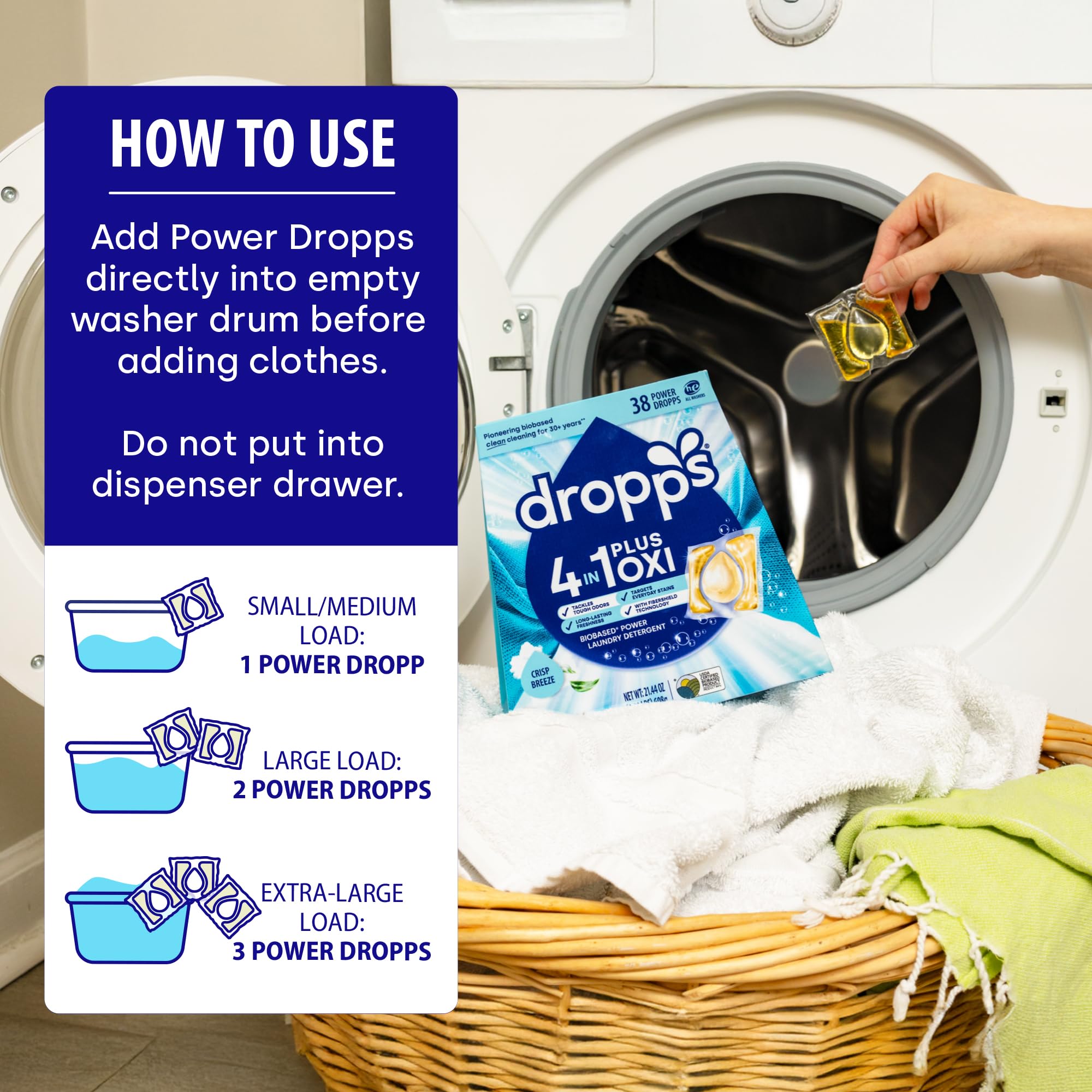 Dropps 4-in-1 Plus Oxi Laundry Detergent Pods, Crisp Breeze (38 Count) - Laundry Pods | Advanced Odor Defense | Fights Stains | Whitens & Brightens |