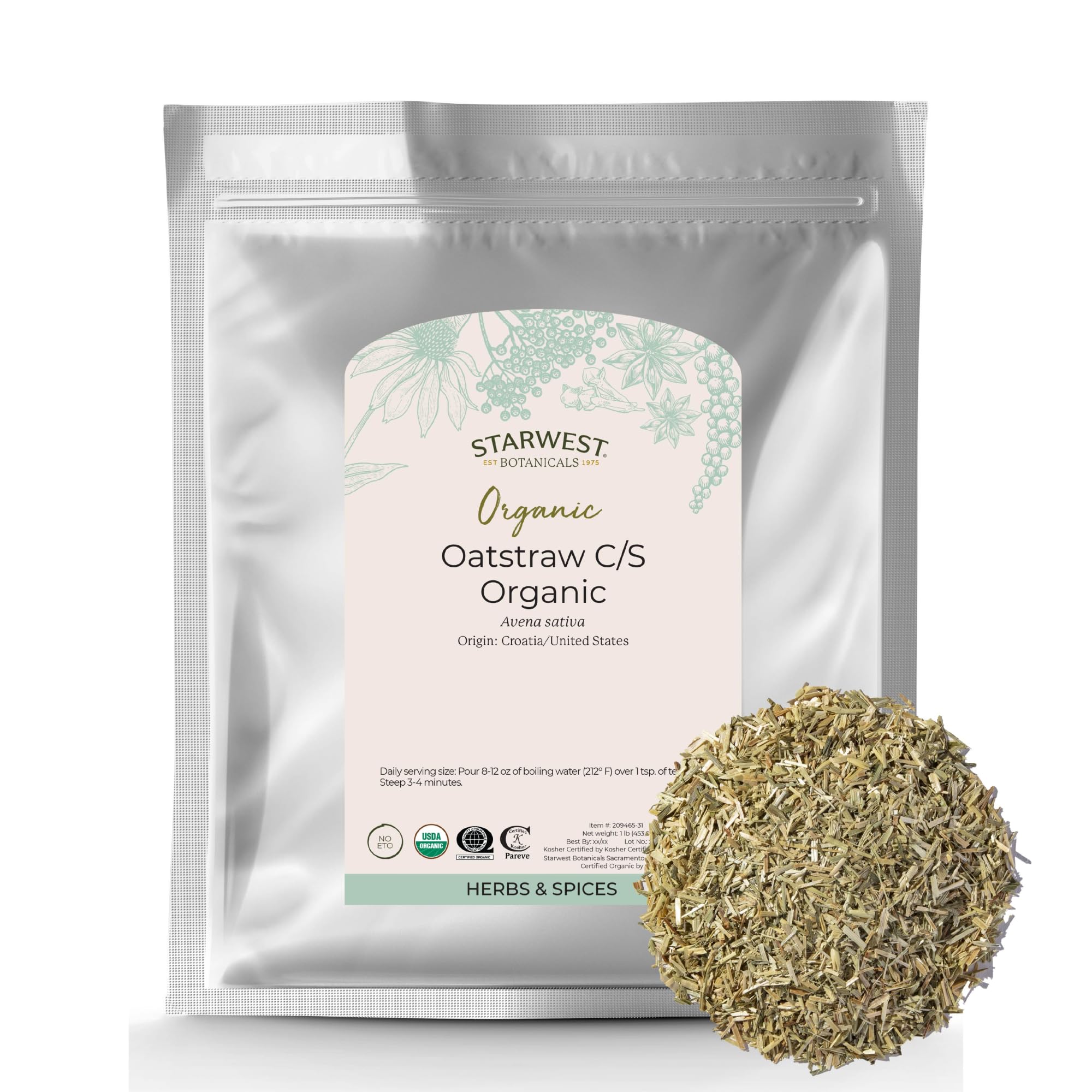 Starwest Botanicals Oatstraw Loose Leaf Organic - Dried Herb for Tea & Cooking, Cut & Sifted, Certified Kosher, Non-GMO - Bulk 1 lb Bag