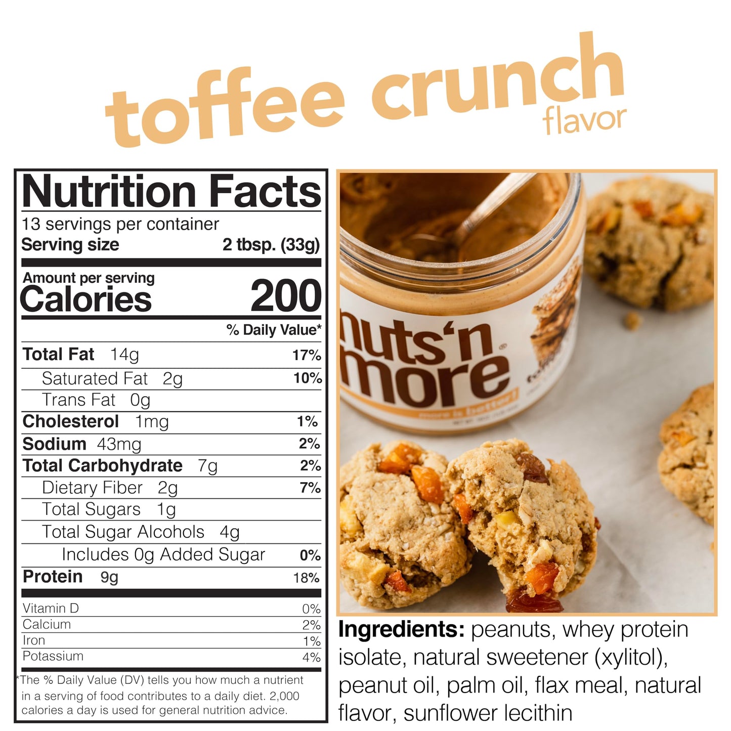 Nuts ‘N More Toffee Crunch Peanut Butter Spread - High Protein, Low Carb, Low Sugar, Gluten Free, Non-GMO, All-Natural Nut Butter Snack (15oz Jar)