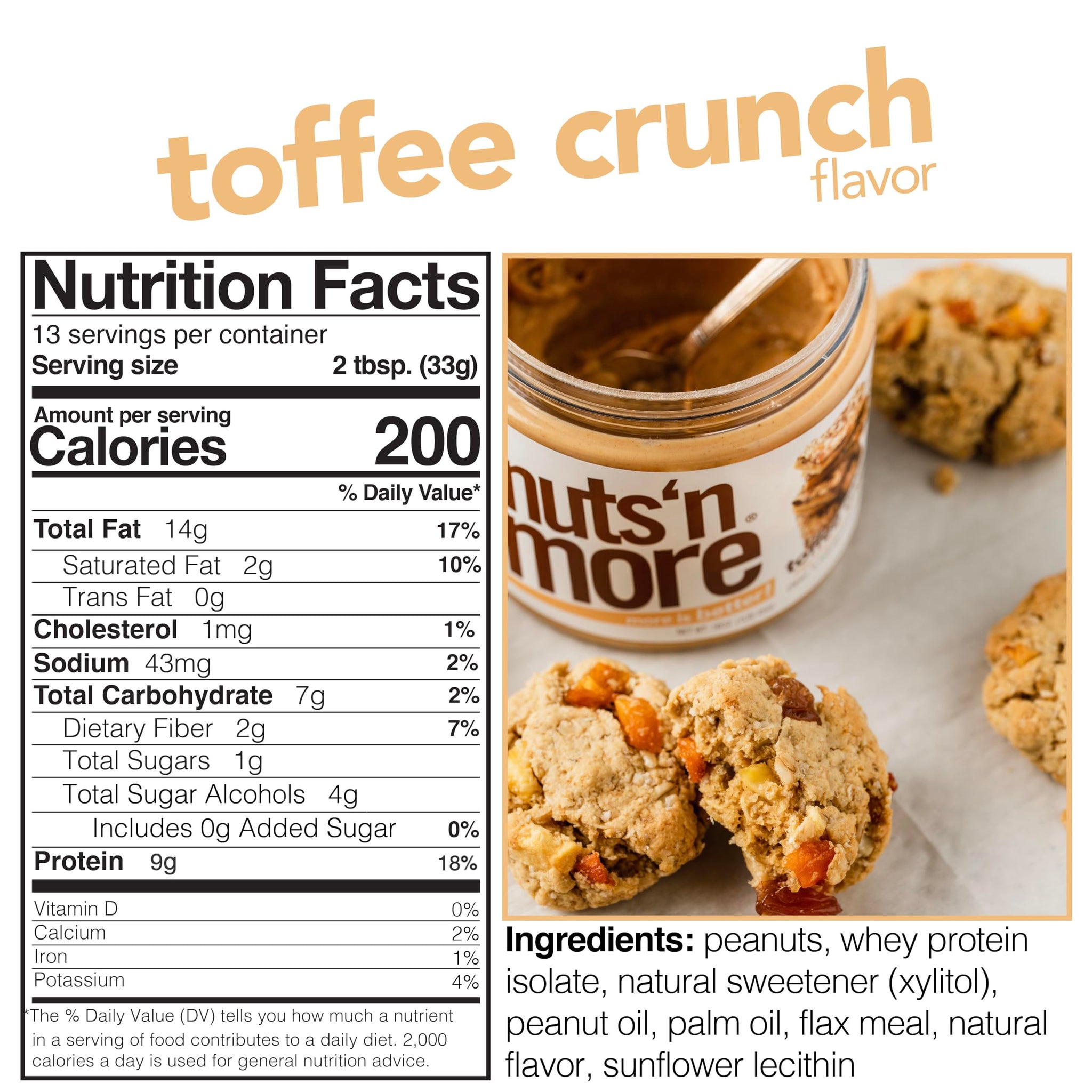 Nuts ‘N More Toffee Crunch Peanut Butter Spread - High Protein, Low Carb, Low Sugar, Gluten Free, Non-GMO, All-Natural Nut Butter Snack (15oz Jar)