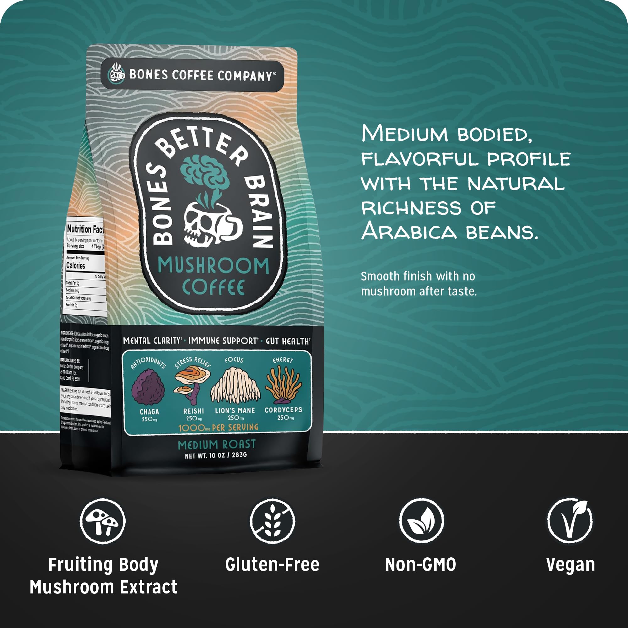Bones Coffee Company Better Brain Mushroom Coffee - Medium Roast Low Acid Arabica Beans - Ground Coffee - Reishi, Chaga, Lion's Mane, Cordyceps