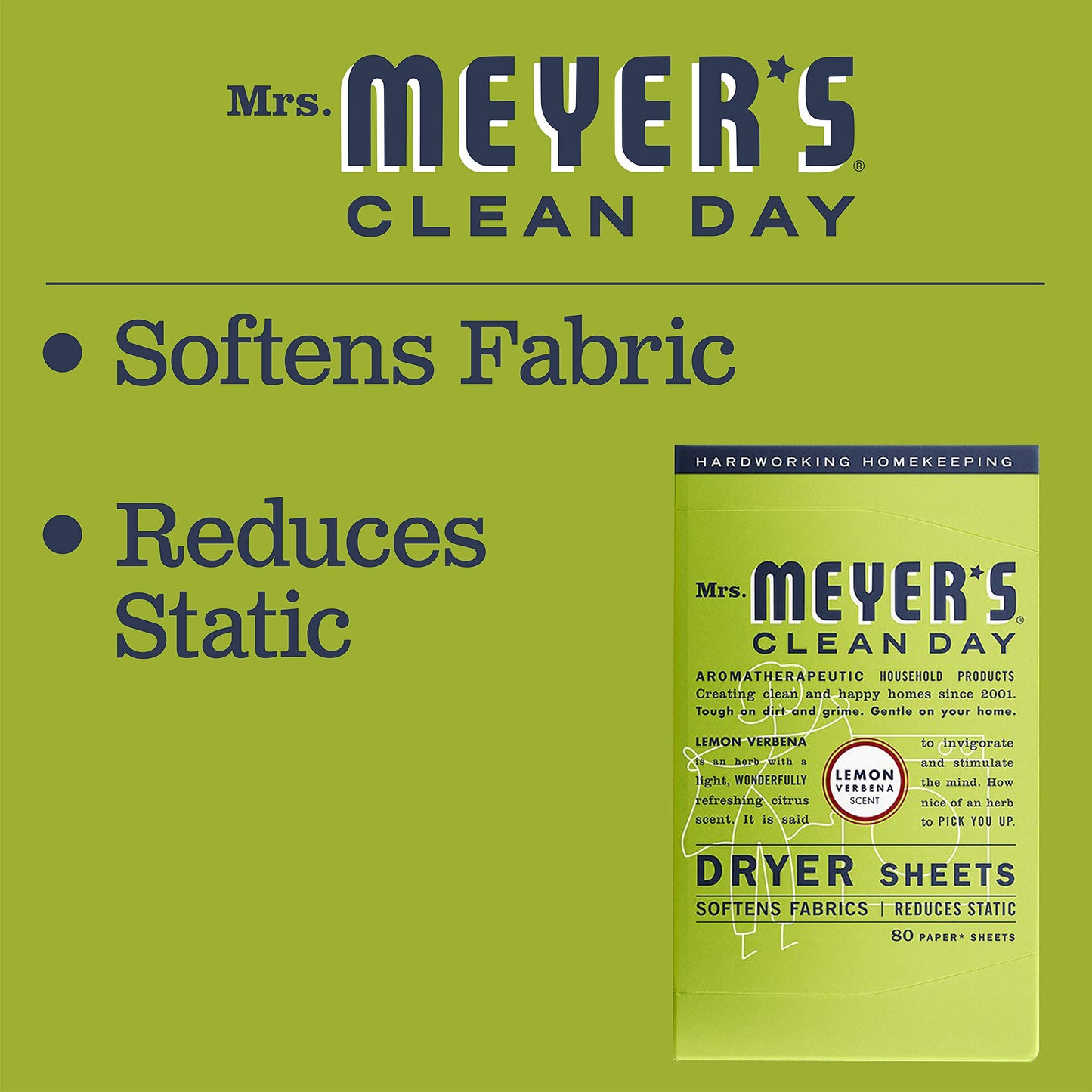 Mrs. Meyer's Dryer Sheets, Fabric Softener, Reduces Static, Infused with Essential Oils, Lemon Verbena, 80 Count