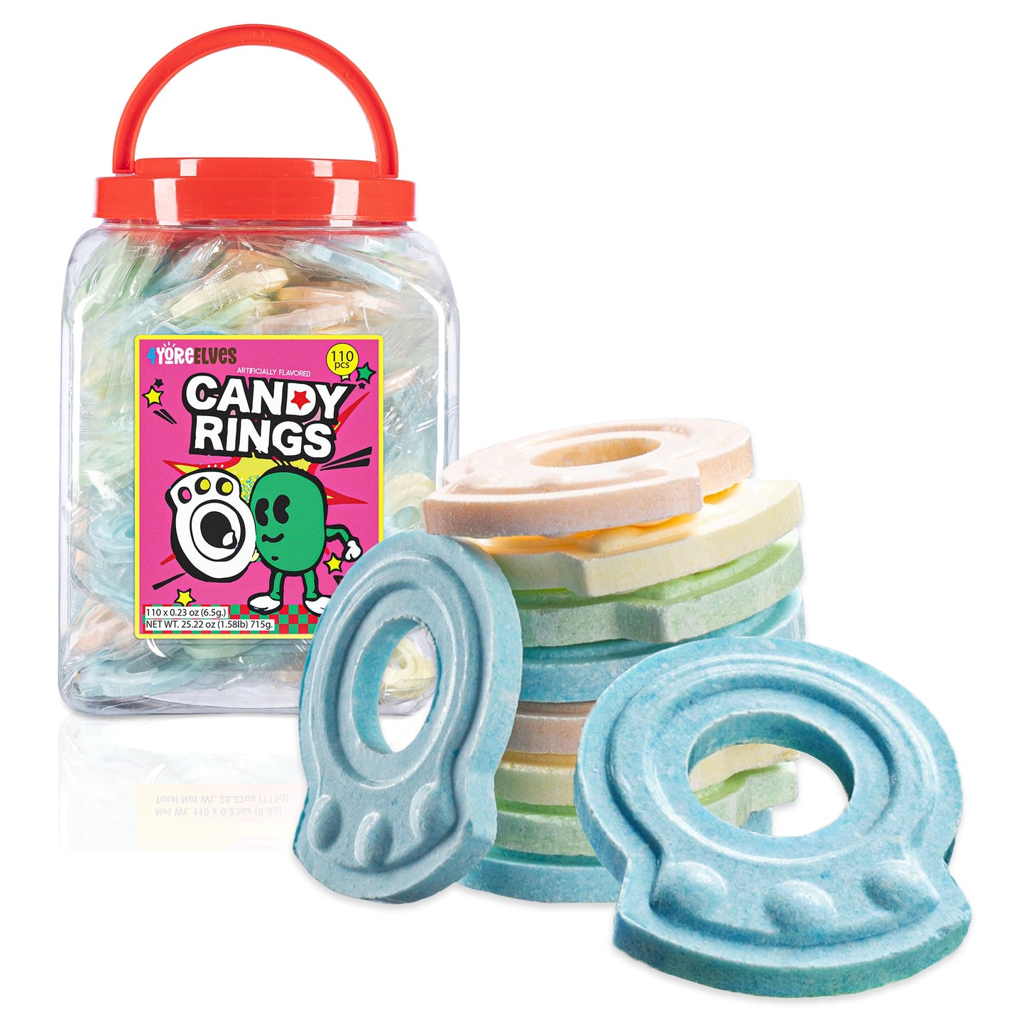 110 Individually Wrapped Candy Rings, Bulk Candy Ring Tub Great for Christmas Stocking Filler, In 6 colors, Fun Kids & Retro Candy for Goodie Bags