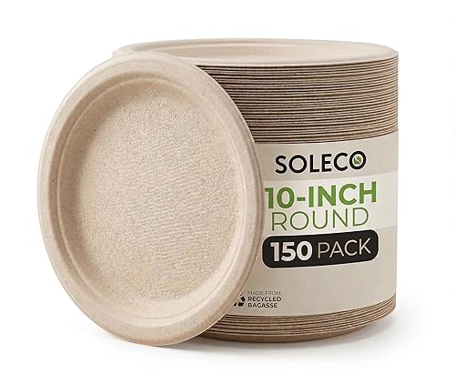 SOLECO Compostable Paper Plates 10 Inch [150 Pack], Disposable Biodegradable Heavy Duty Paper Plates,Heat Resistant Alternative to Plastic or