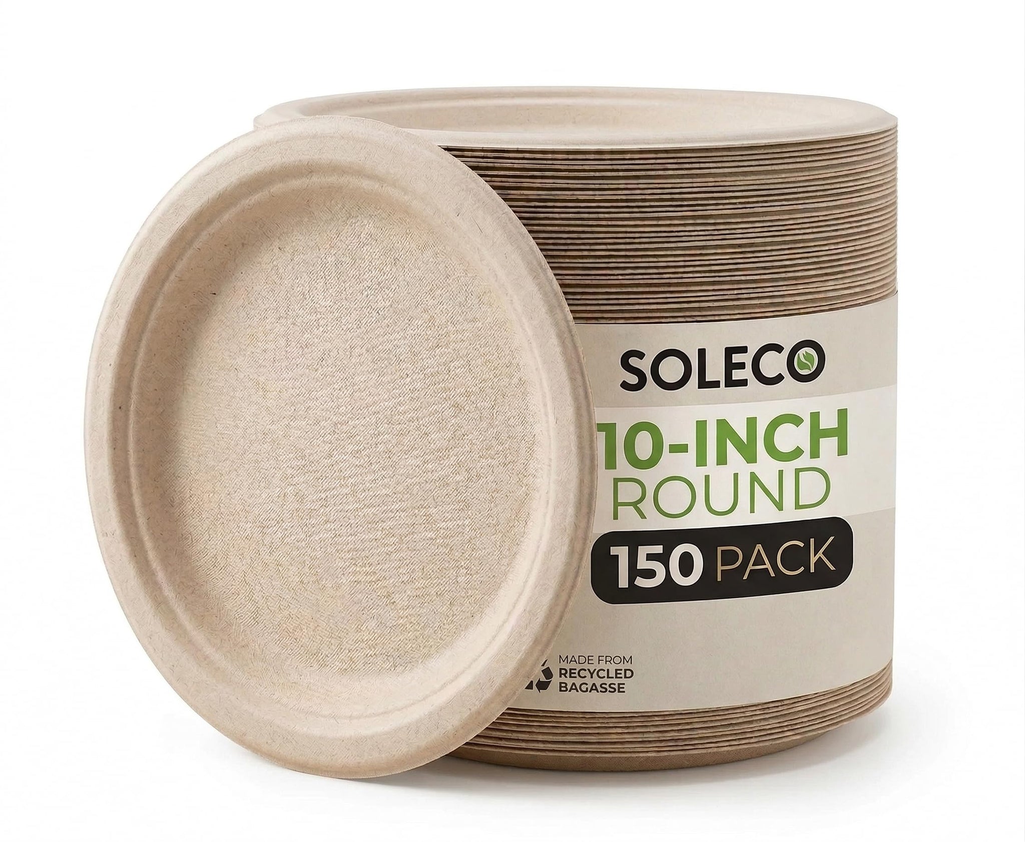 SOLECO Compostable Paper Plates 10 Inch [150 Pack], Disposable Biodegradable Heavy Duty Paper Plates,Heat Resistant Alternative to Plastic or