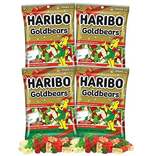 Haribo Christmas Gummy Bears, Fruit Flavored Red White and Green Chewy Candies, Festive Stocking Stuffer Gift, 4 Ounces (Pack of 4)