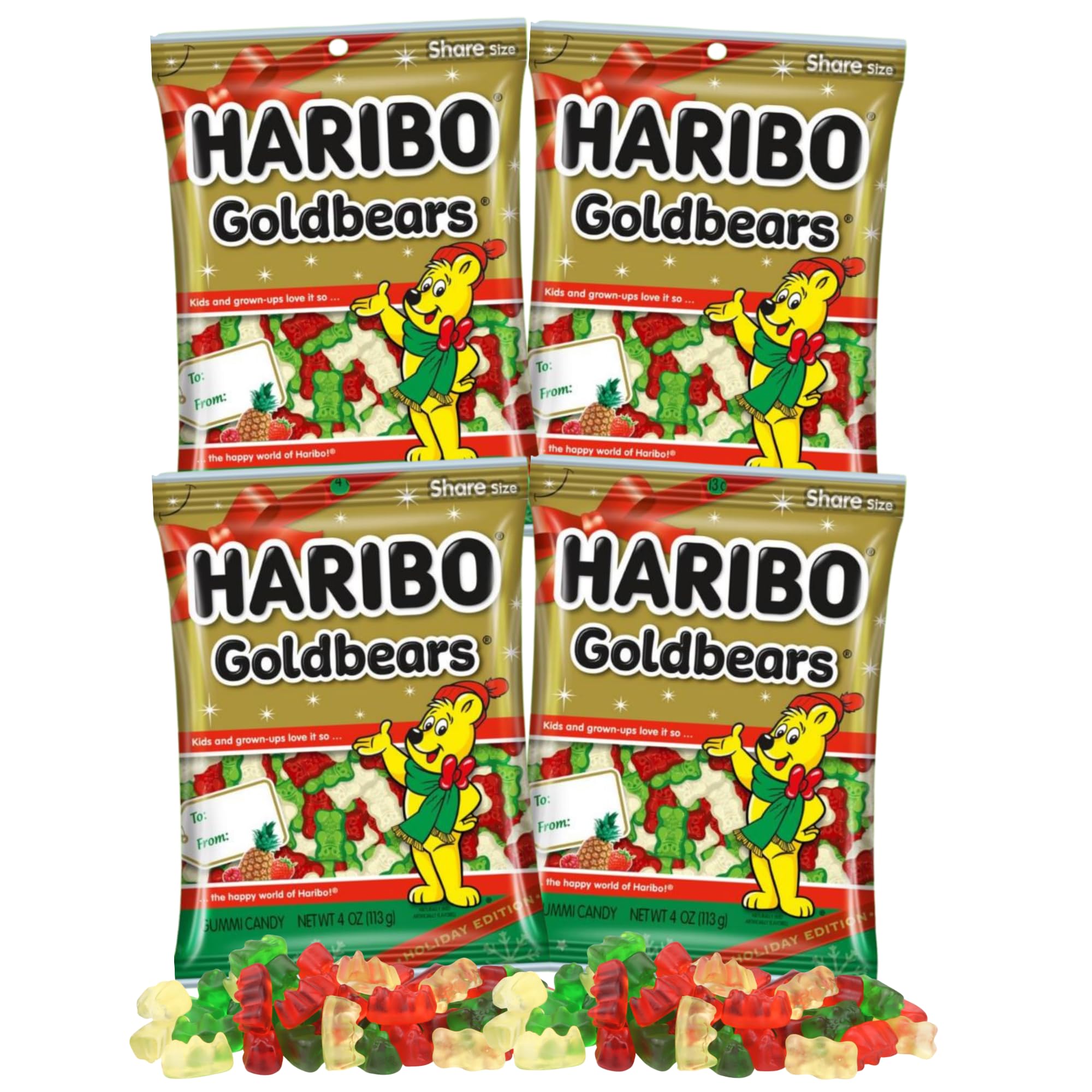 Haribo Christmas Gummy Bears, Fruit Flavored Red White and Green Chewy Candies, Festive Stocking Stuffer Gift, 4 Ounces (Pack of 4)