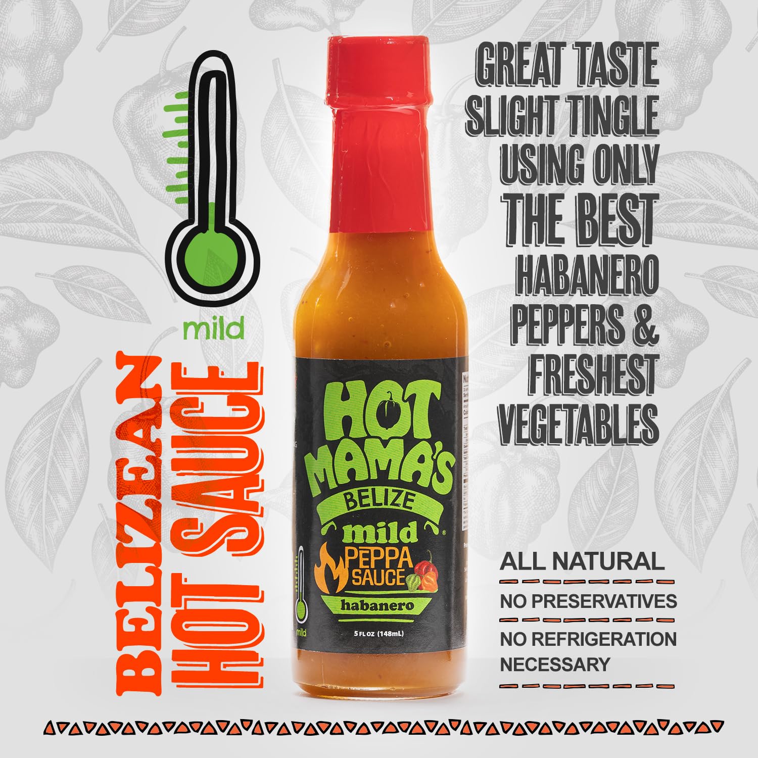 Hot Mama's Belize Mild Pepper Sauce, All Natural, No Preservatives, Non GMO - Gluten-Free, Vegan-Friendly, Fresh Ingredients - Great for Healthy Meals