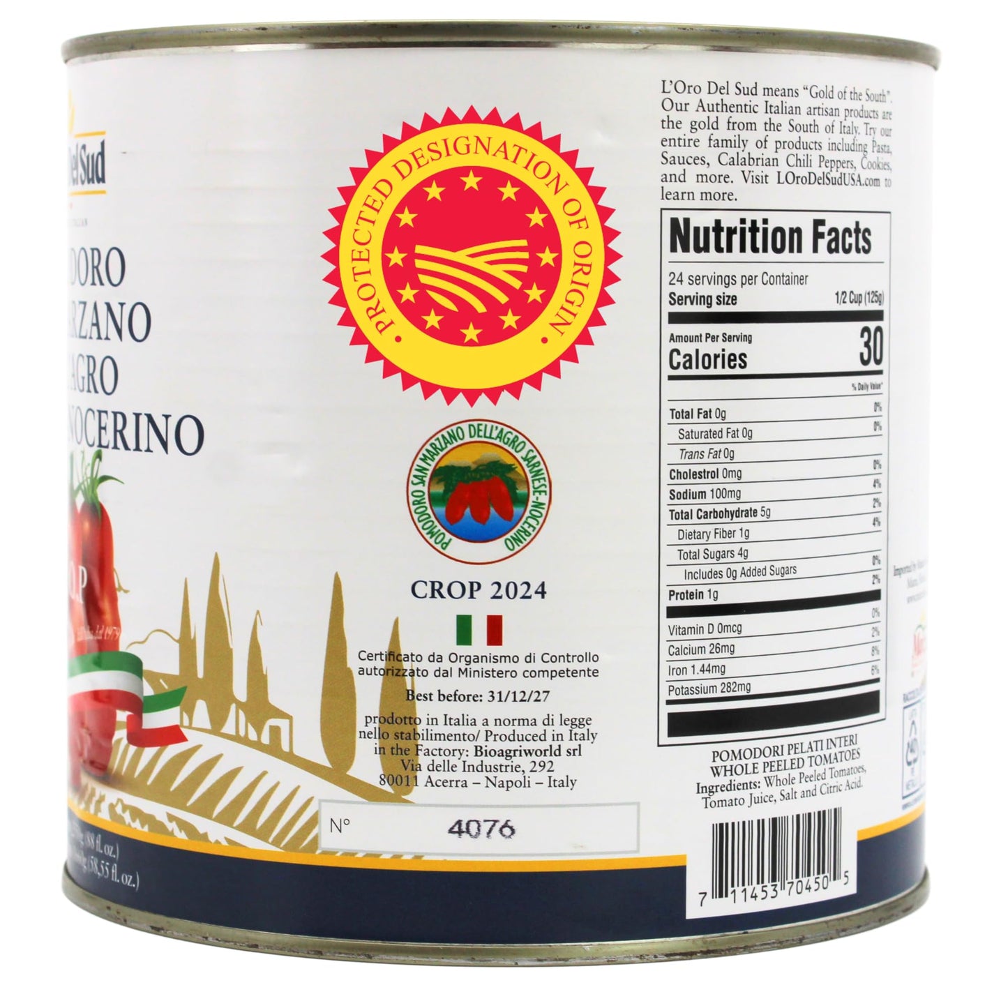 L'Oro Del Sud - D.O.P San Marzano Tomatoes of Agro Sarnese-Nocerino Area, Net Wt. 2550g (88 fl. oz). Pomodoro San Marzano dell’Agro Sarnese-Nocerino