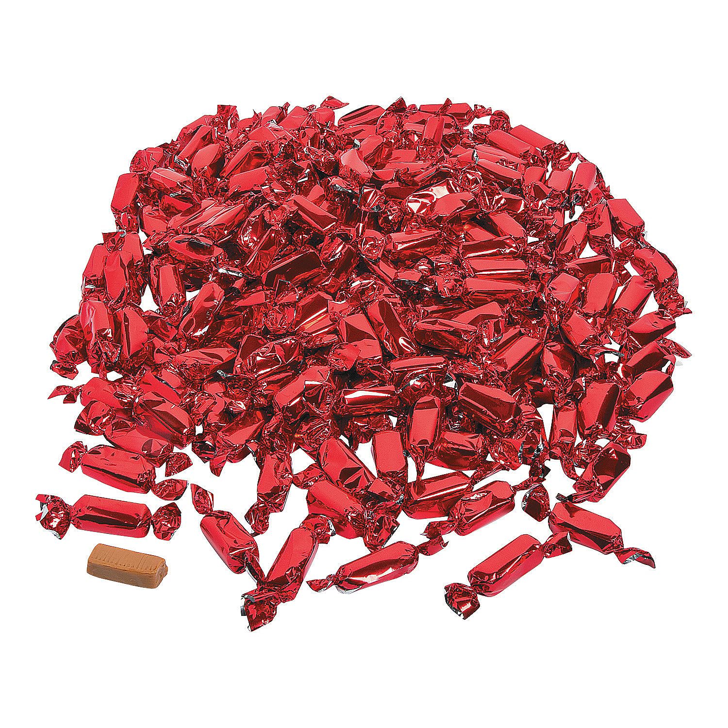 Fun Express Red Foil Wrapped Caramels Bulk Candy Individually Wrapped 2 lbs Bag - Soft Chewy Caramel Candies for Wedding Candy Buffet, Office Desk