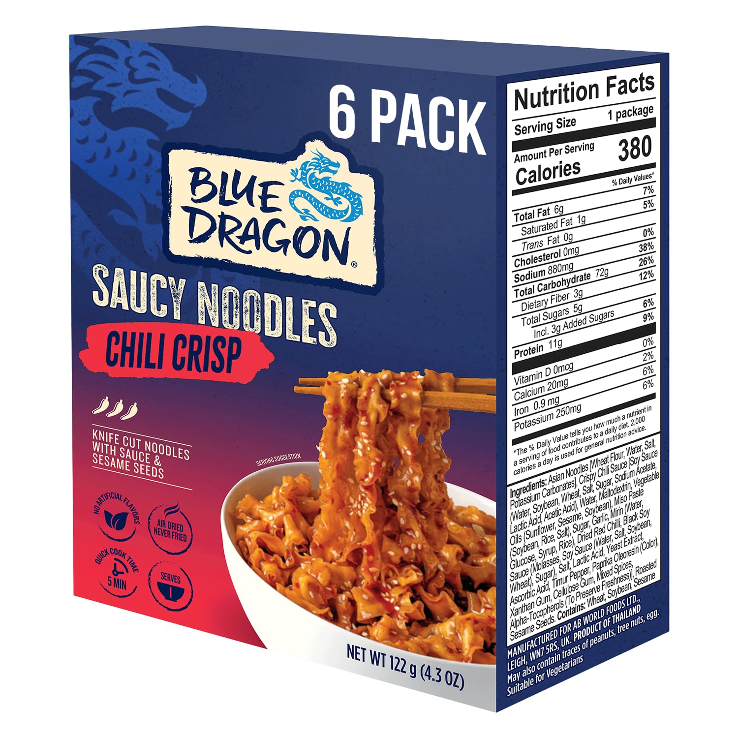 Blue Dragon Chili Crisp Saucy Noodles - 4.2oz (Pack of 6) - Knife Cut Thick Noodles w/Spicy Chili Crisp Sauce & Sesame Seed Garnish - Quick & Easy