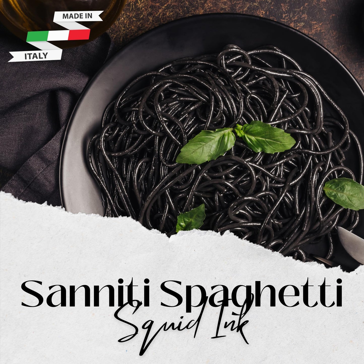 Sanniti Nero di Seppia Spaghetti, 500g | Premium Italian Squid Ink Pasta | Rich Gourmet Flavor | Crafted in Italy (Pack of 2)