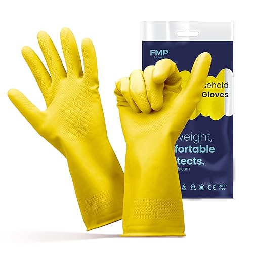 FMP Brands 60 Pairs Rubber Gloves for Washing Dishes, Non-Slip, Waterproof, Reusable for Cleaning, Kitchen, Bathroom, Household (Medium, Yellow)