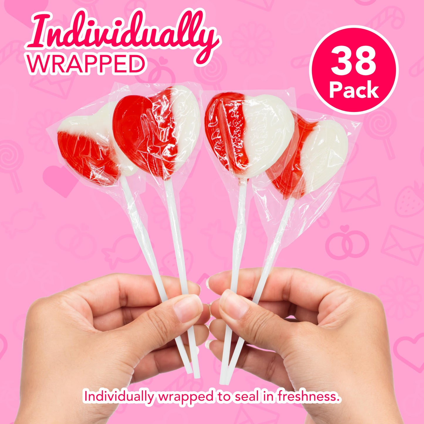 4E's Novelty 38 Pack Valentines Day Heart Shaped Lollipops Bulk Individually Wrapped, Strawberry & Cream Flavored, Suckers for School Valentines Party