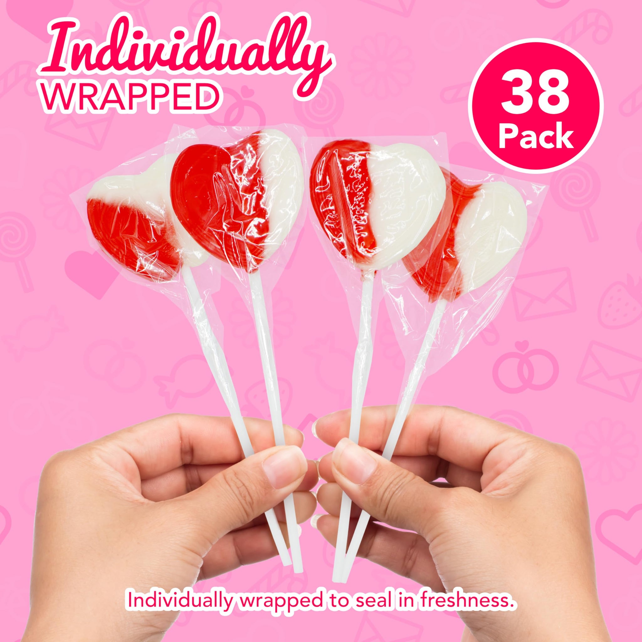 4E's Novelty 38 Pack Valentines Day Heart Shaped Lollipops Bulk Individually Wrapped, Strawberry & Cream Flavored, Suckers for School Valentines Party